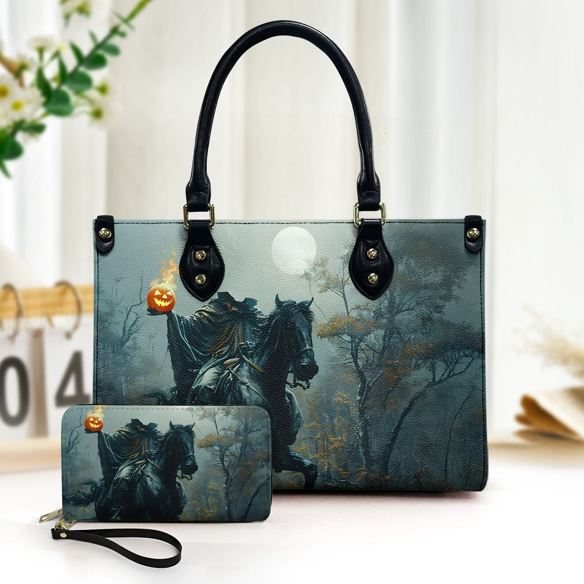 The Headless Horseman Leather Handbag With Wallet, Spooky Season Leather Shoulder Bag