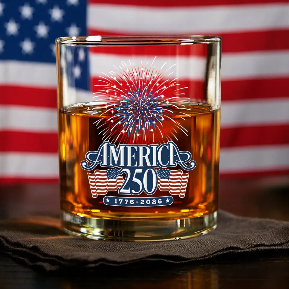 America 250 Firework Whiskey Glass US Patriotic Pride Glass, Gift For Whiskey Lover American Glassware
