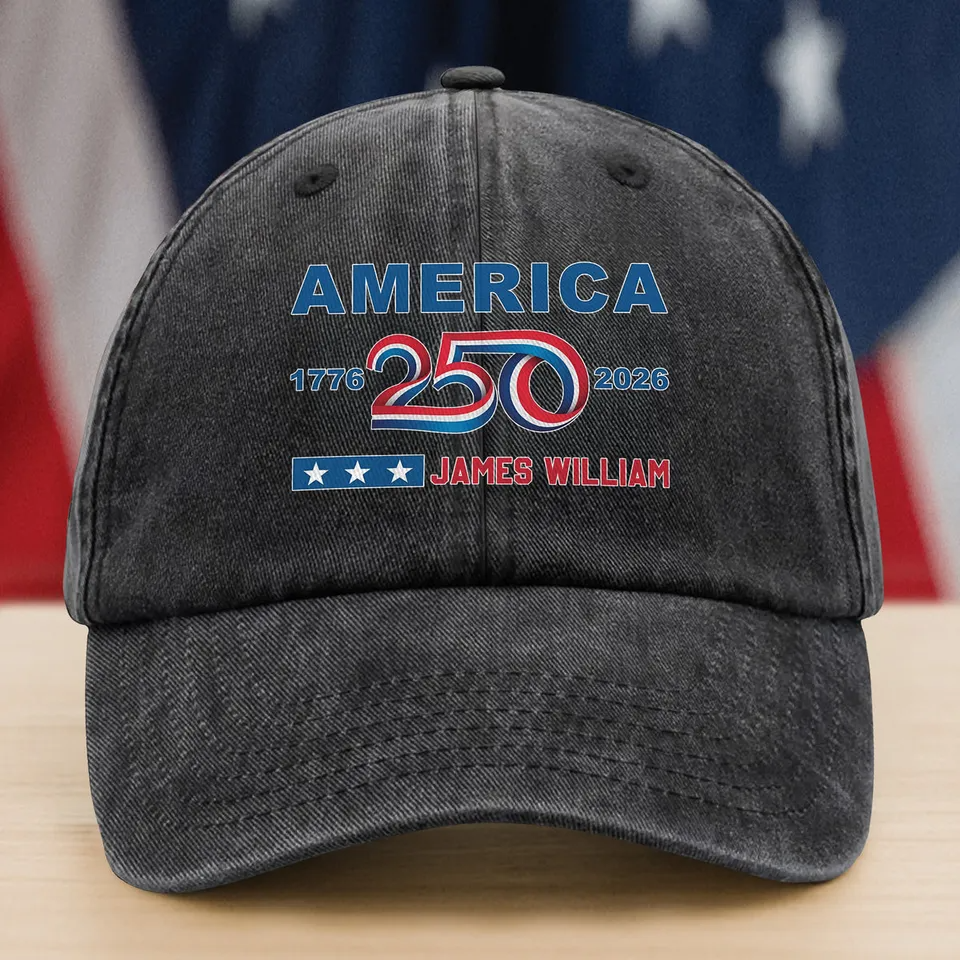 Custom Name 4th of July America 250 Washed Denim Baseball Cap, American Patriotic Gift