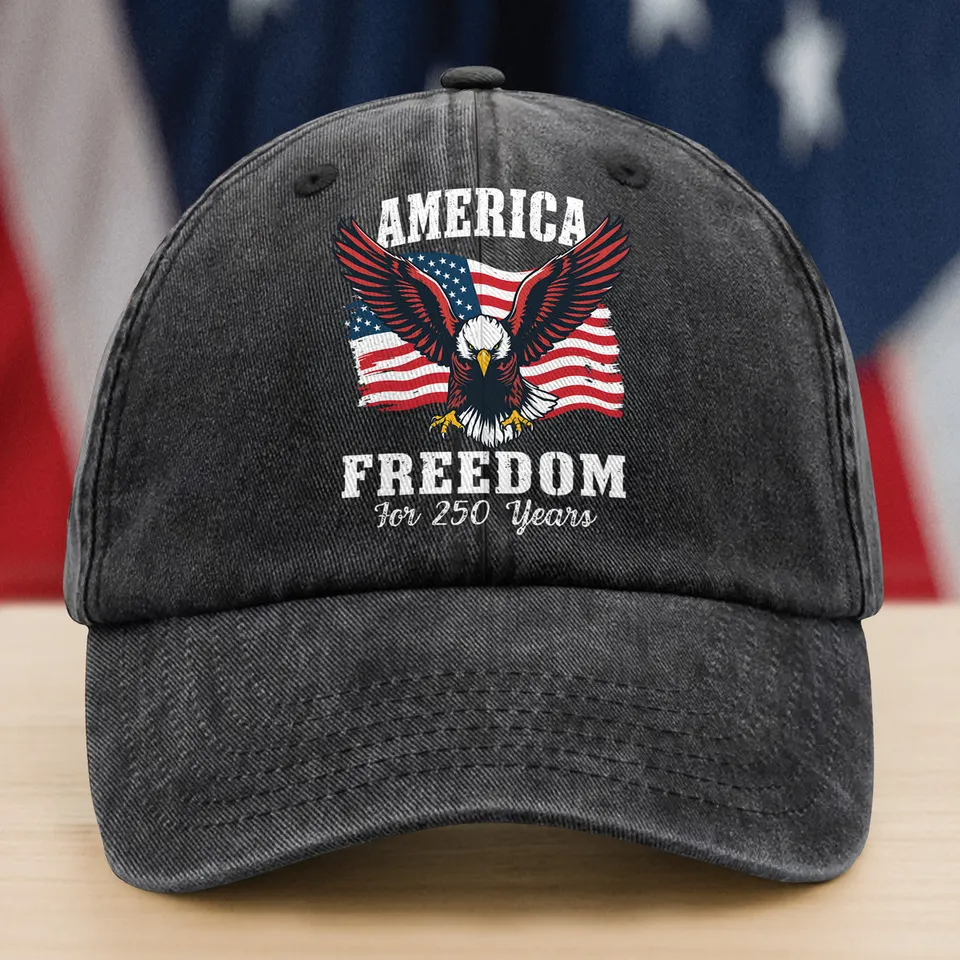 America 250 Years of Freedom Patriotic Eagle Flag Washed Denim Baseball Cap, American Patriotic Gift