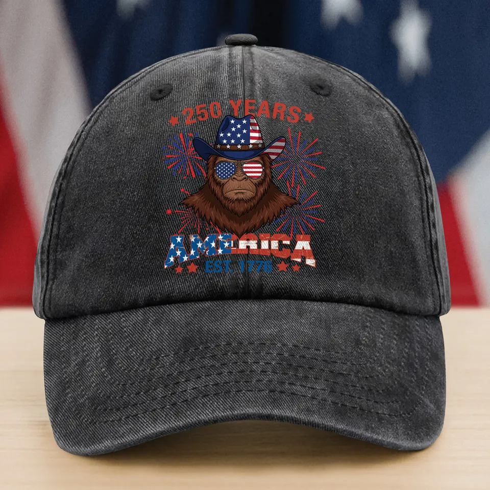 Monkey Wearing American Flag Glasses Washed Denim Baseball Cap, American Patriotic Gift