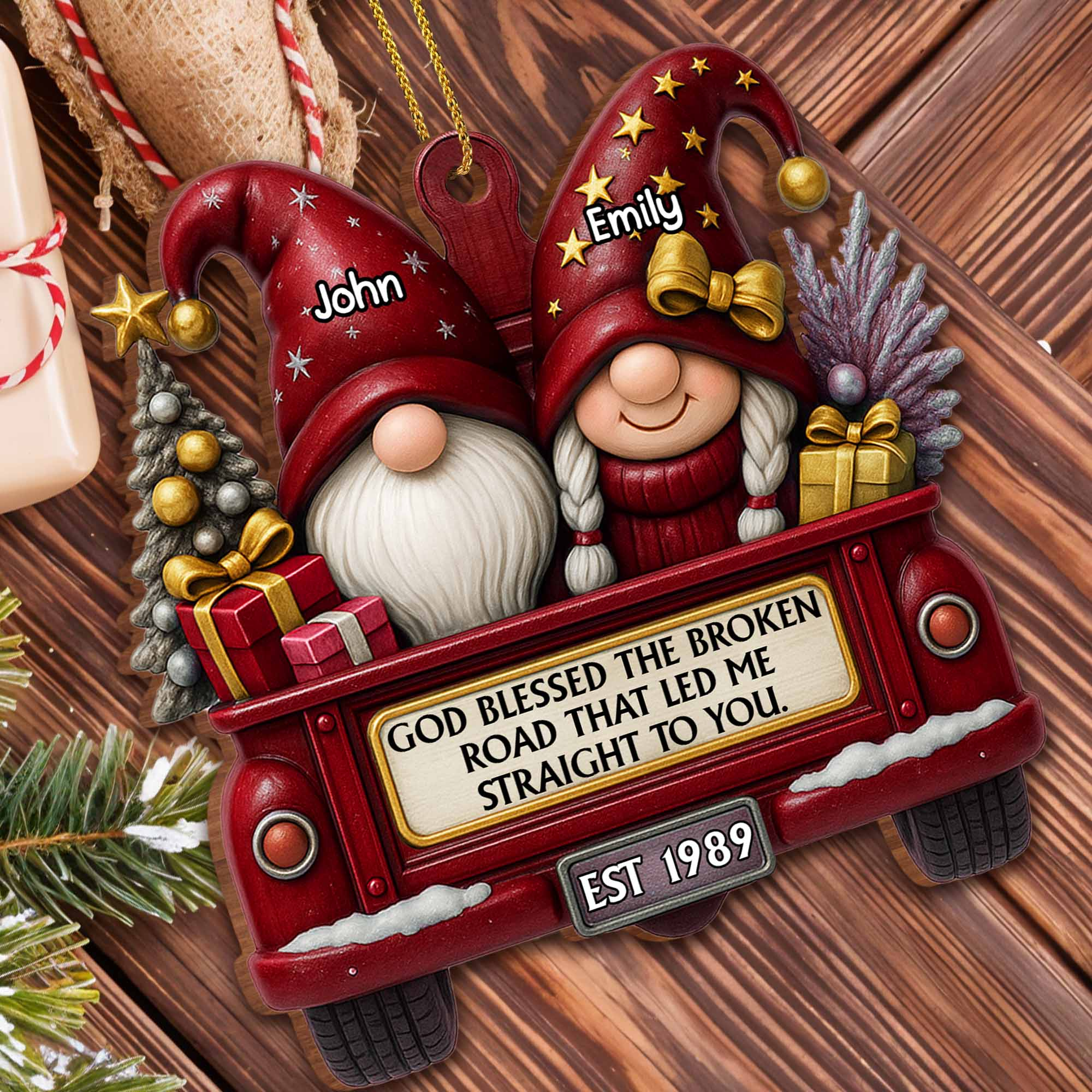 God Blessed The Broken Road Gnome Couple Custom Wood Ornament, Christmas Couple Gift Idea