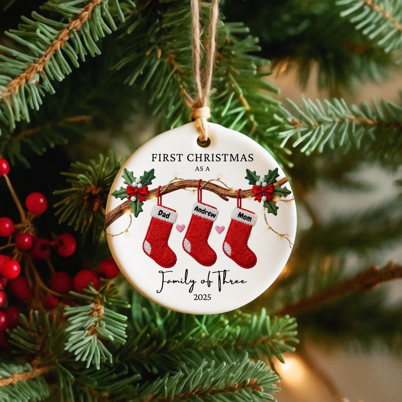 First Christmas As A Family Of Three Ornament, Christmas Stocking Ornament Christmas Couple Gift Idea