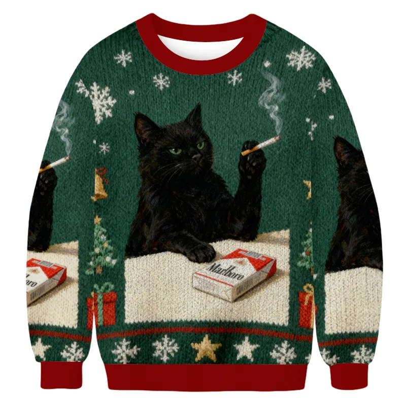 Smoking Marlboro Black Cat Meme Funny Ugly Sweater, Ugly Xmas Sweater, Christmas Ugly Sweatshirt