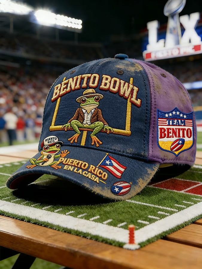 Team Benito Bowl Fun Frog Music Lover Purple Baseball Cap, Bad Bunny Printed Cap, Game Day Mens Dad Cap