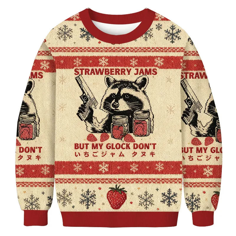 Strawberry Jams But My Glock Funny Raccoon Ugly Sweater, Funny Ugly Christmas Sweater, Christmas Ugly Sweatshirt