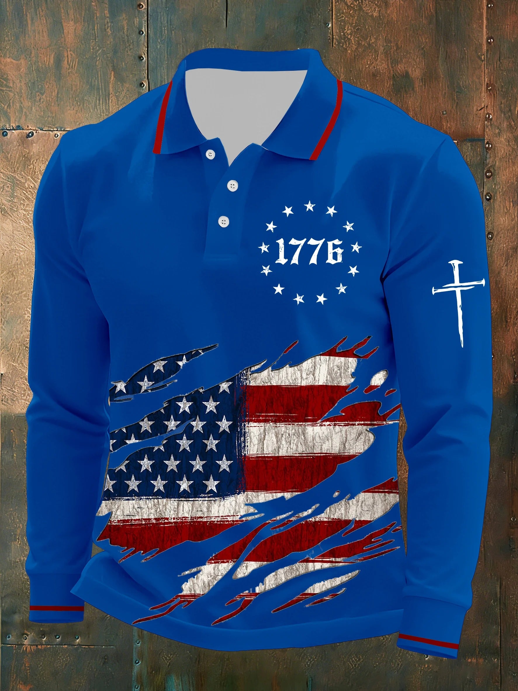 1776 American Flag Faith Cross Blue Men's Long Sleeve Polo, 4th Of July Patriotic Print Shirt