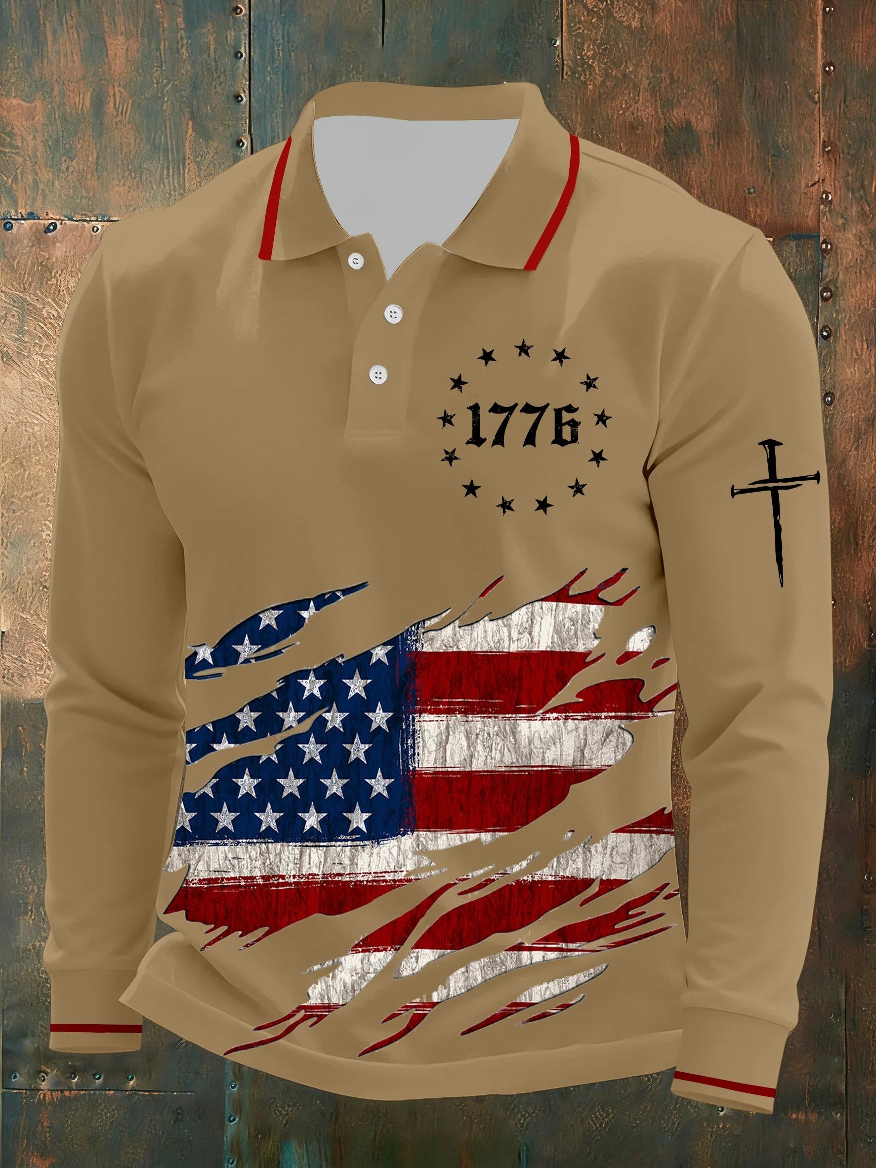 1776 American Flag Faith Cross Beige Men's Long Sleeve Polo, 4th Of July Patriotic Print Shirt