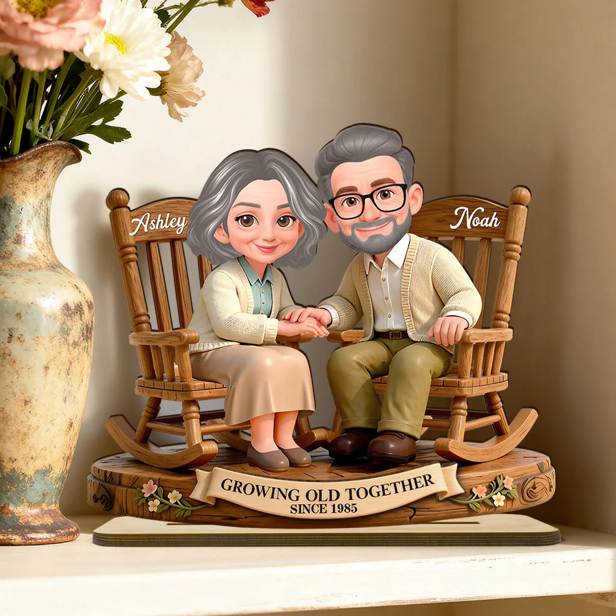 Eternal Love Couple On Rocking Chairs Growing Old Together 2-Layer Wooden Plaque, Personalized Valentines Gift