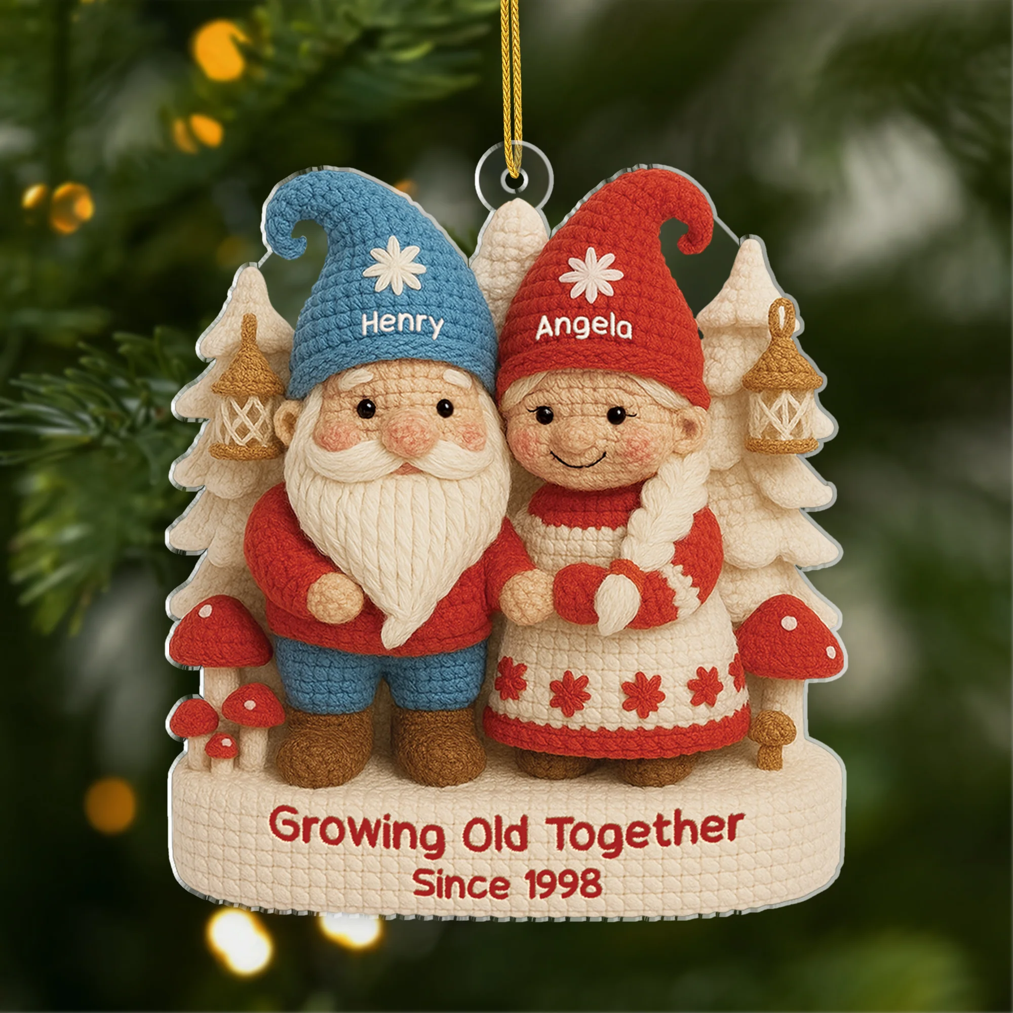 Growing Old Together Gnome Couple Custom Name Acrylic Ornament, Christmas Gift Ideas For Couples