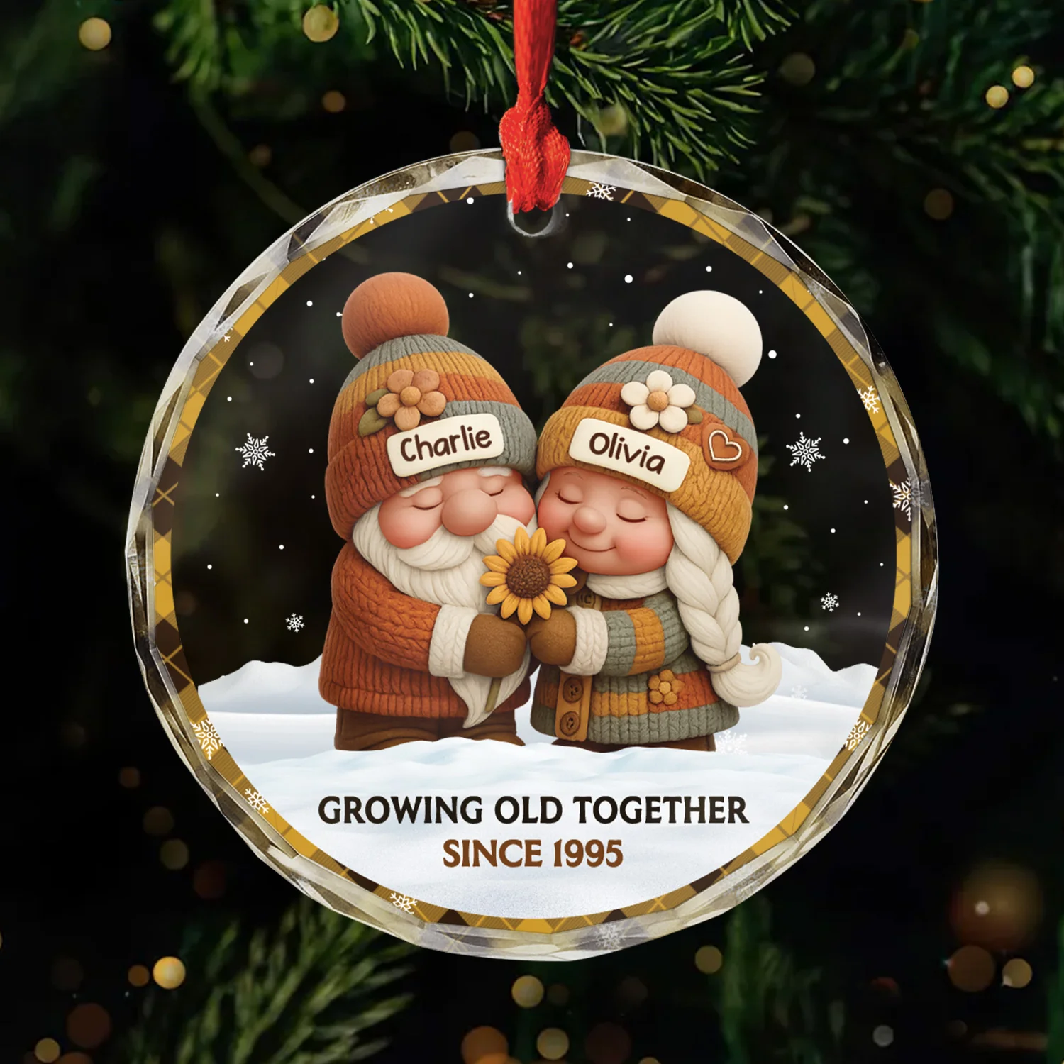 Growing Old Together Gnome Couple Custom Name Glass Ornament, Couple Ornaments, Couple Anniversary Gifts