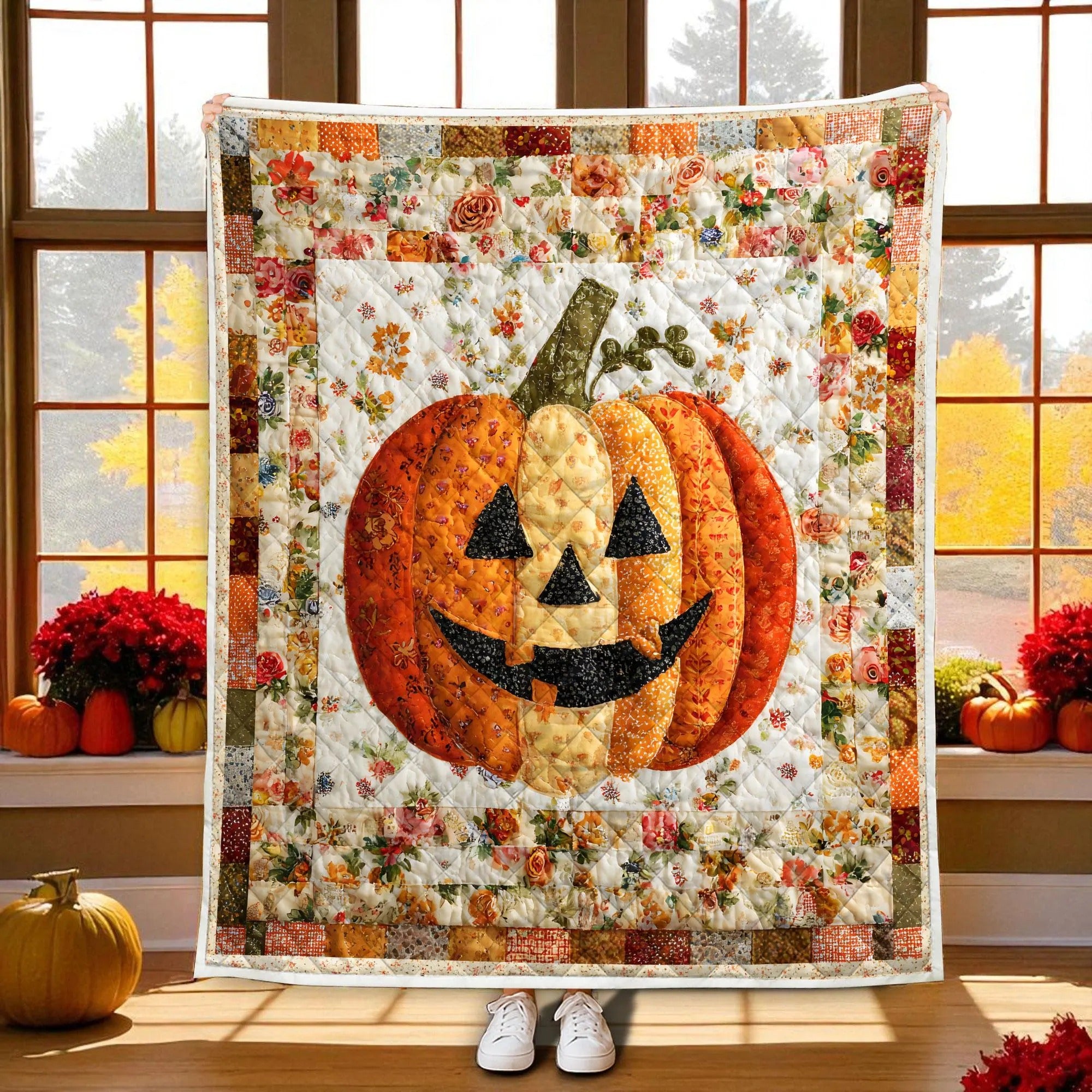 Autumn Fall Pumpkins Quilted Blanket, Halloween Blanket, Spooky Season Decor
