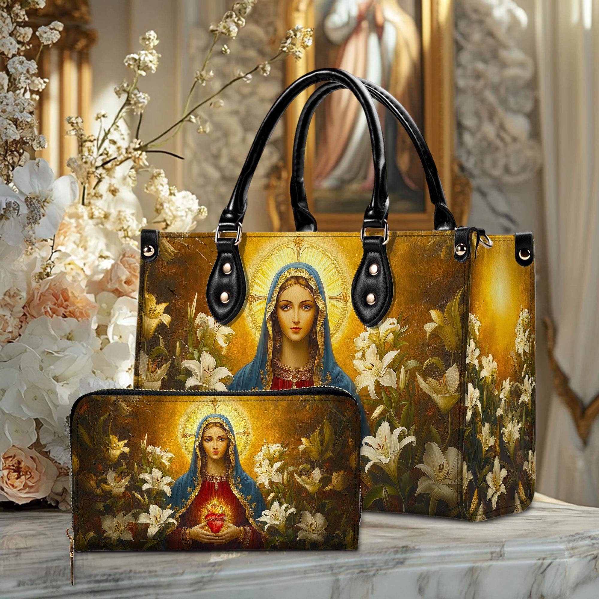 Virgin Mary Leather Handbag With Wallet - Christian Bags For Women - Leather Shoulder Bag