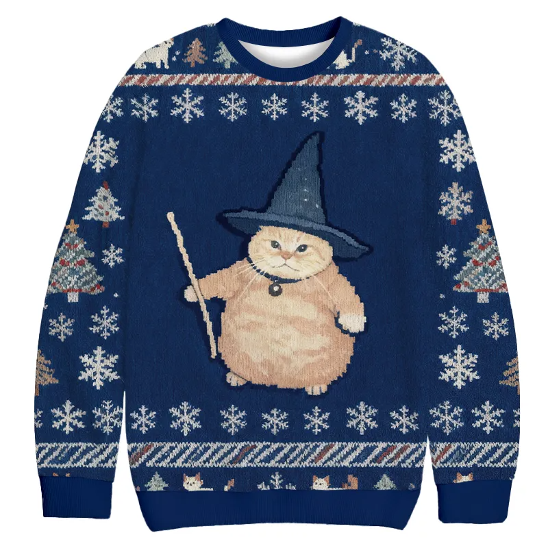 Wizard Cat Funny Halloween Vintage Christmas Sweater, Ugly Xmas Sweater, Christmas Ugly Sweatshirt