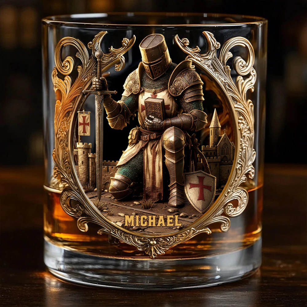 Custom Name Crusader Knight Whiskey Glass, Christian Theme Whiskey Glass, Personalized Glass