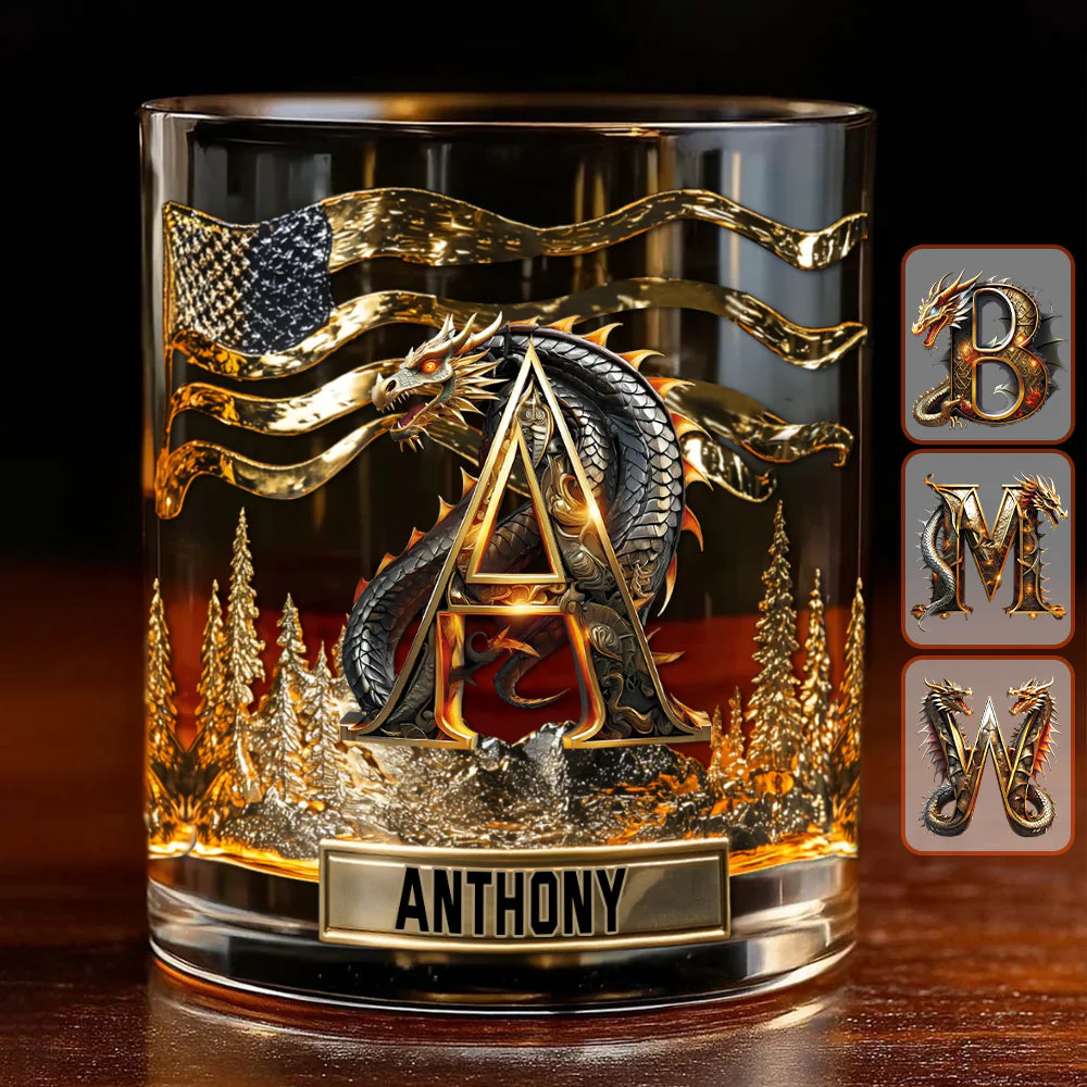 Personalized Dragon Alphabet Whiskey Glass, Custom Letter Whiskey Glasses, Husband Gift Ideas