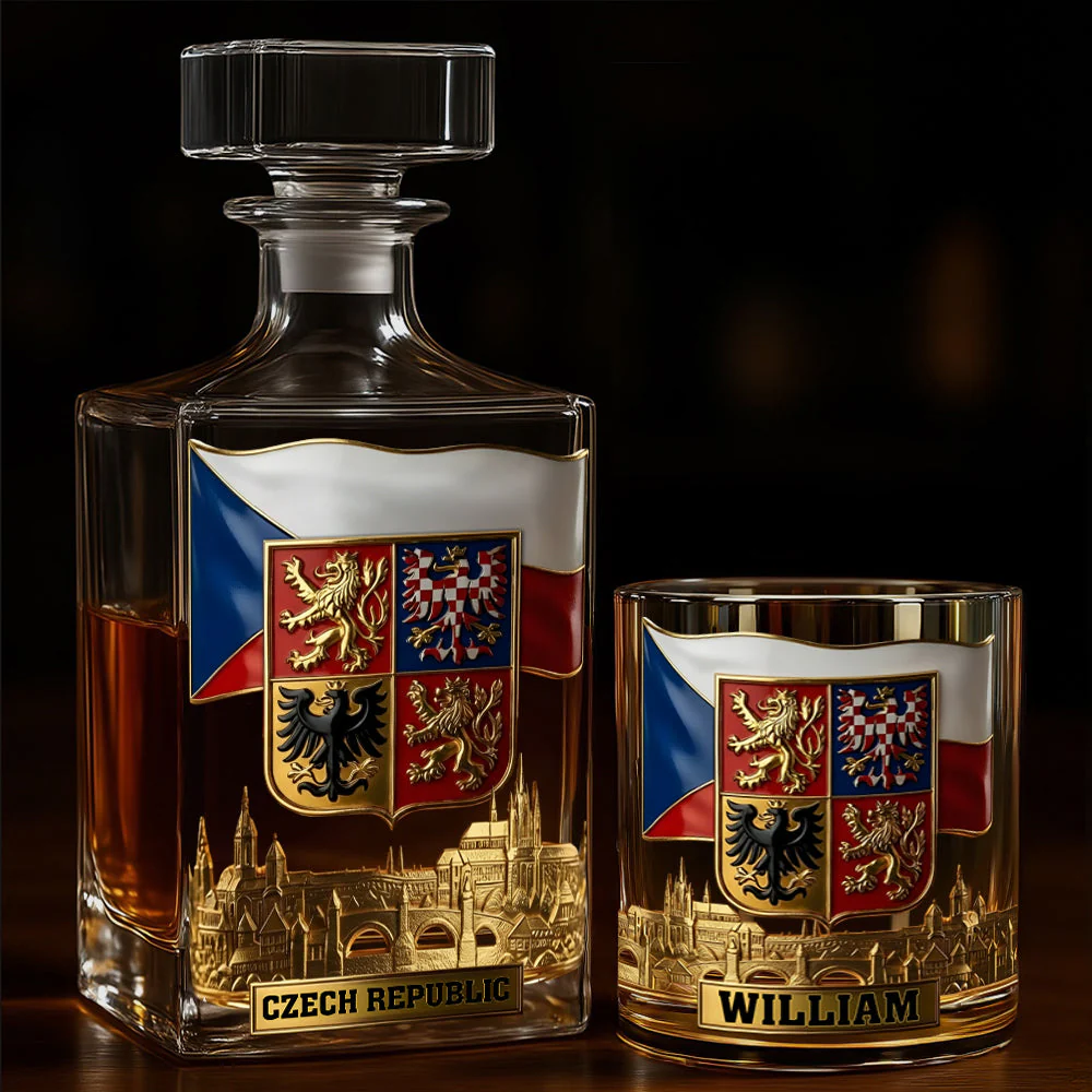 Proud Czech Republic Whiskey Decanter Set, Personalized Whiskey Glasses, Luxury Whiskey Glass, Man Cave Gift