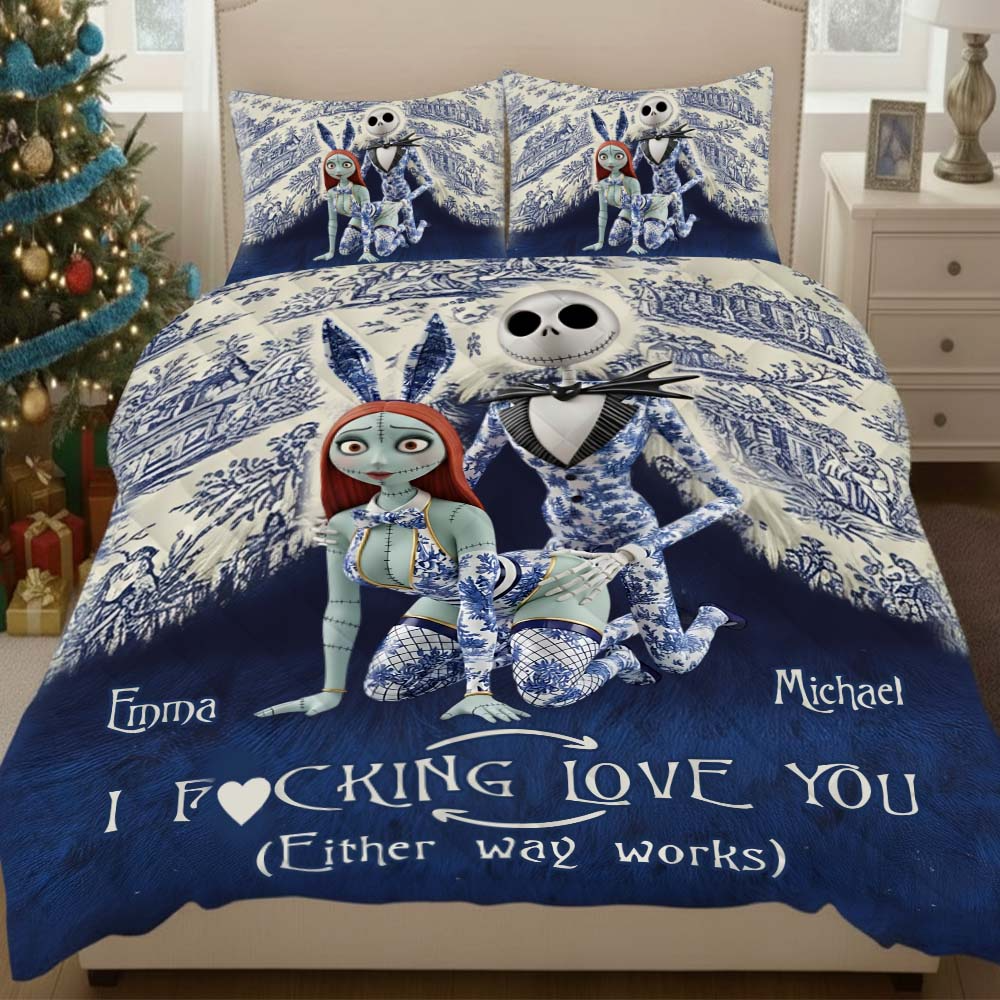 I F*cking Love You Nightmare Couple Quilt Bed Set, Toile De Jouy Couple Bedding Set, Couple Valentine Gift