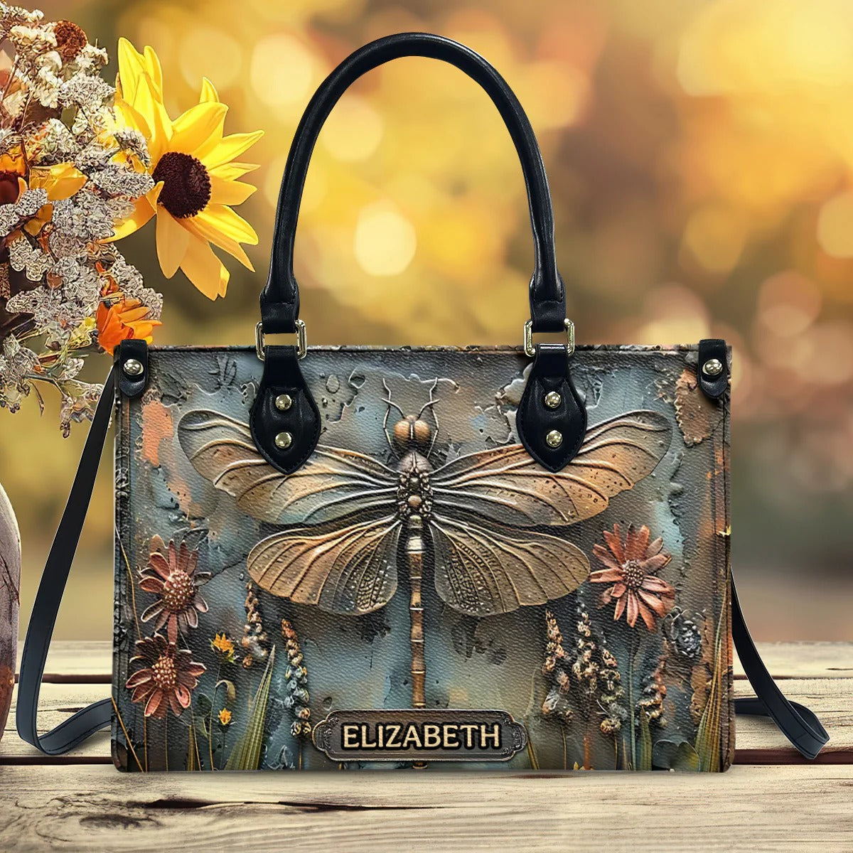 Stunning Dragonfly - Personalized Dragonfly Leather Handbag - Boho Handbag - Leather Shoulder Bag