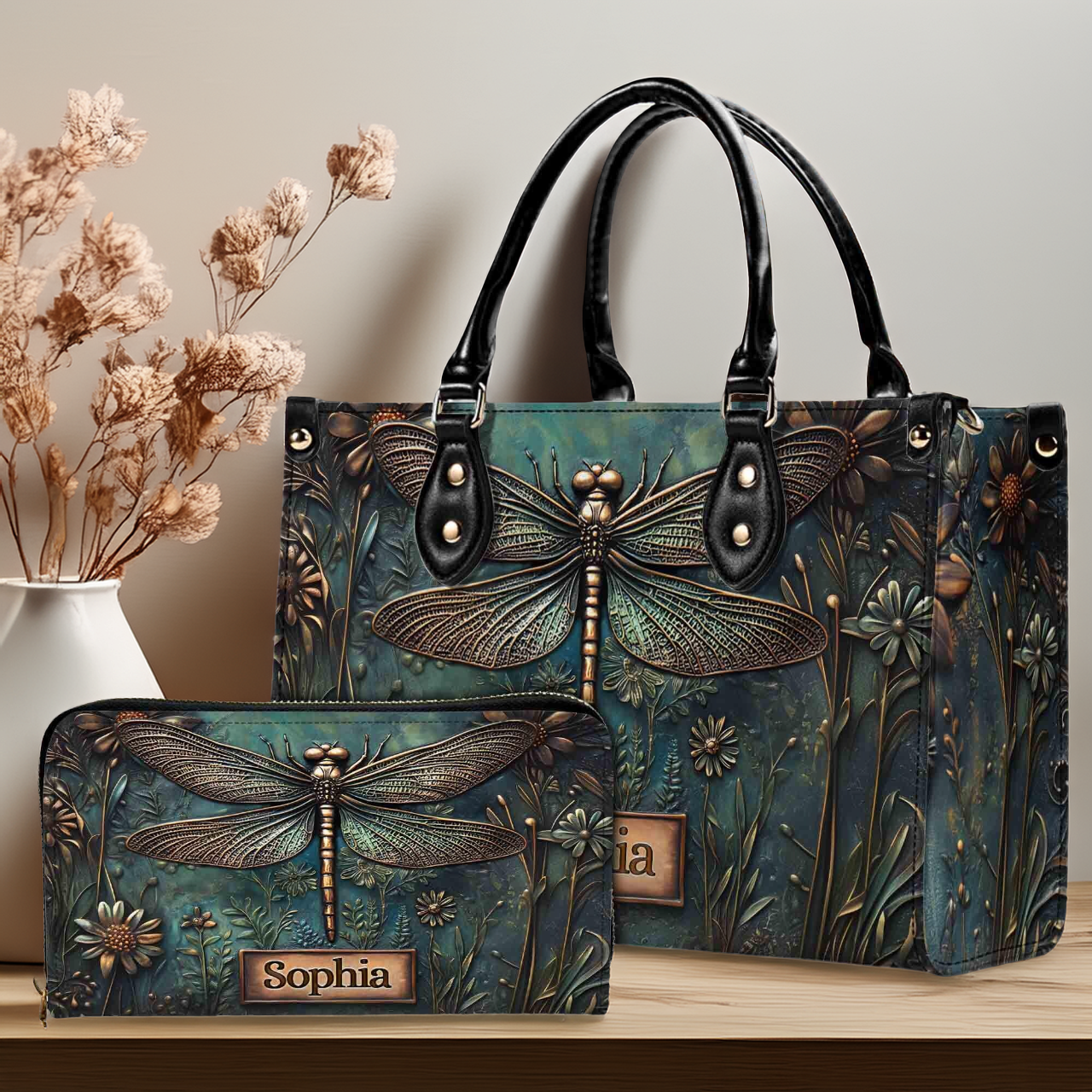 Golden Dragonfly Handbag With Wallet - Boho Handbag - Leather Shoulder Bag