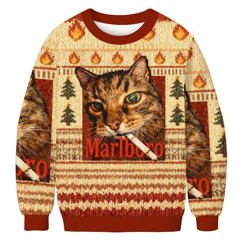 Funny Smoking Cat Ugly Sweater, Gift Ideas For Cat Lovers, Christmas Ugly Sweatshirt