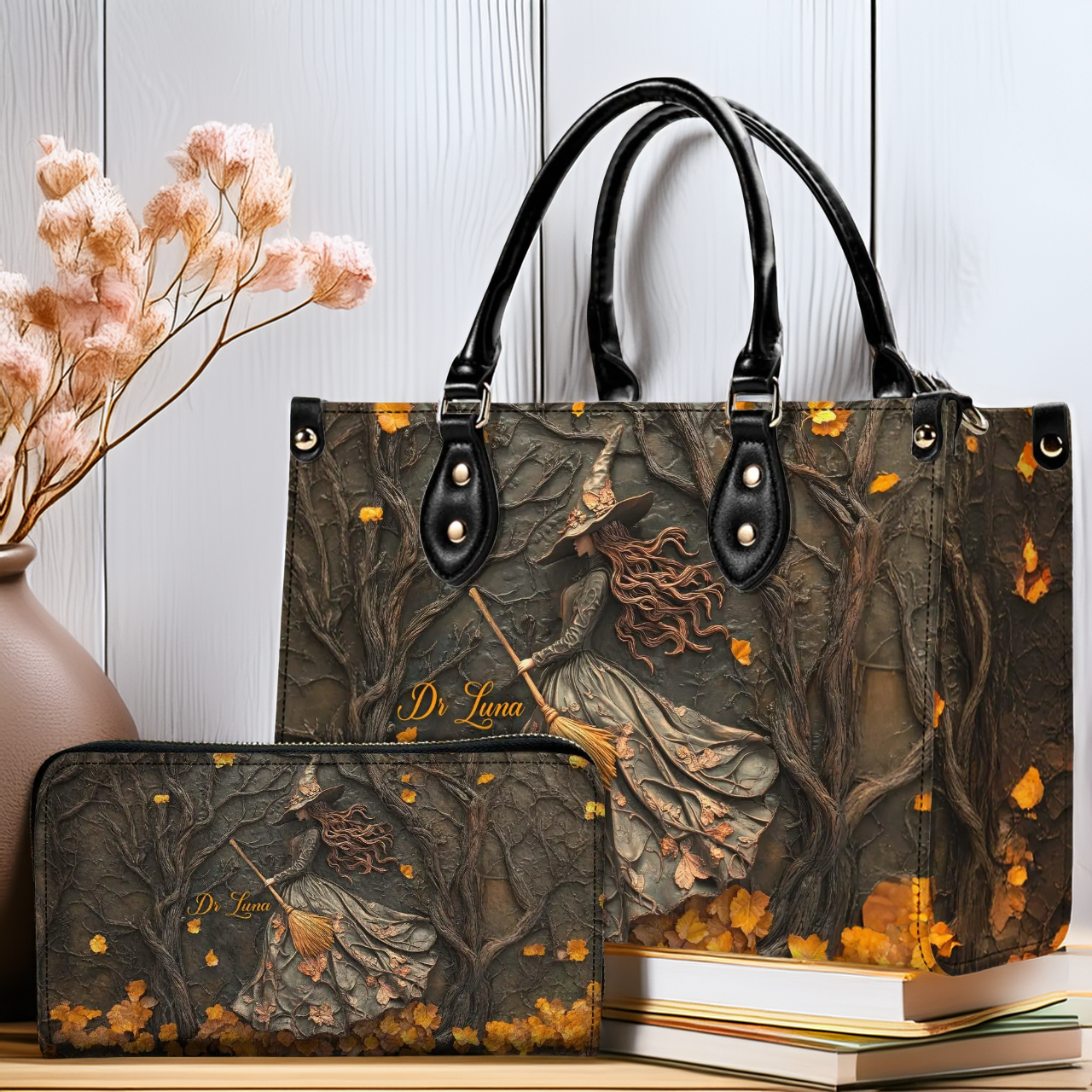 Witchy Gothic Personalized Halloween Bag With Wallet - Spooky Season Leather Shoulder Bag - Basket for Halloween