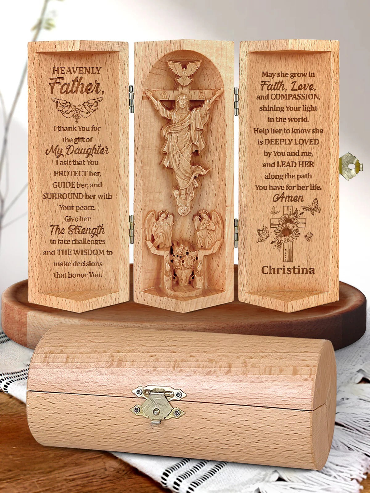 Heavenly Father, Personalized Openable Wooden Cylinder Sculpture of Jesus Christ, Christian Gifts