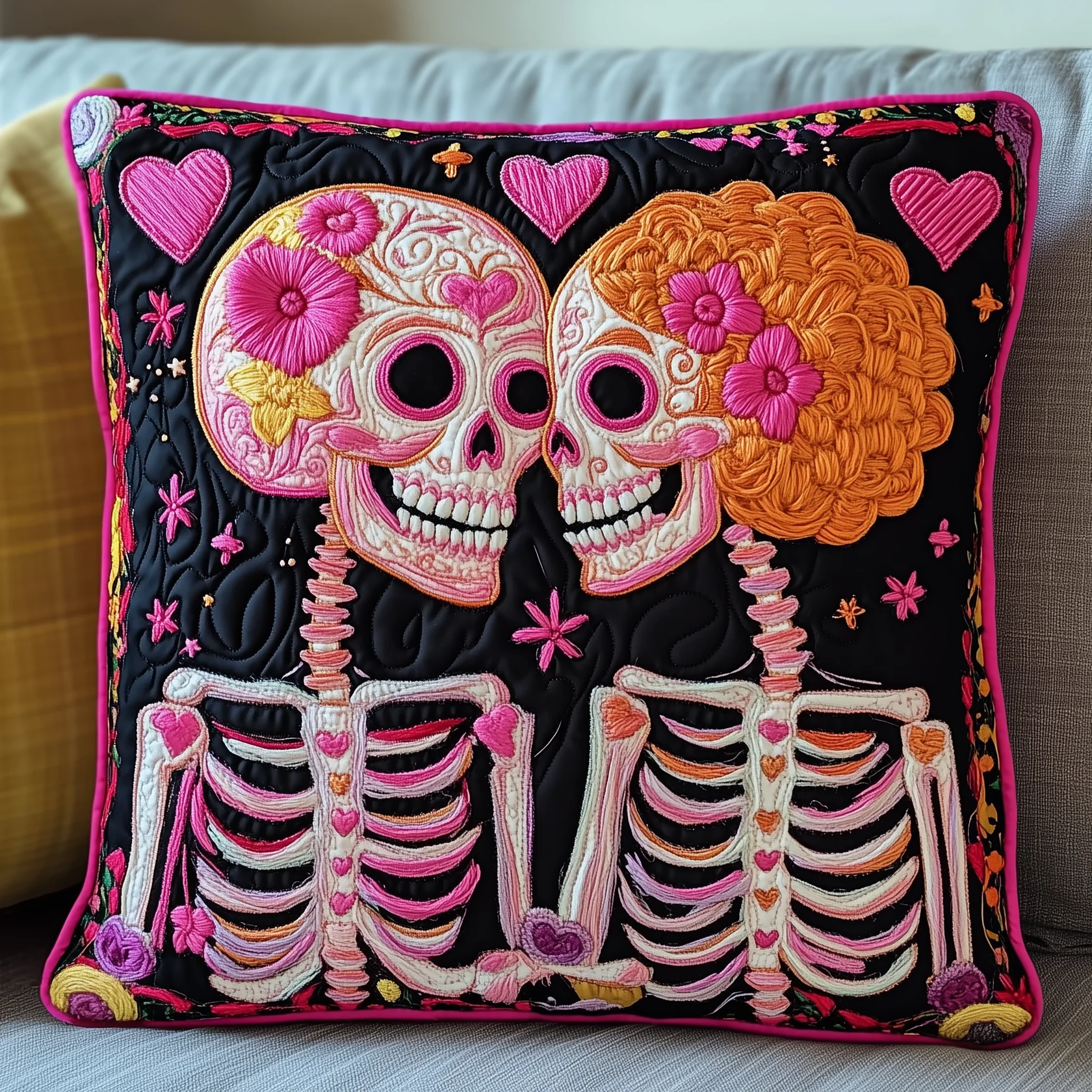 Funky Style Skull Couple Flower Heart Quilt Blanket, Valentines Couple Gift, Valentine Gift Ideas For Her