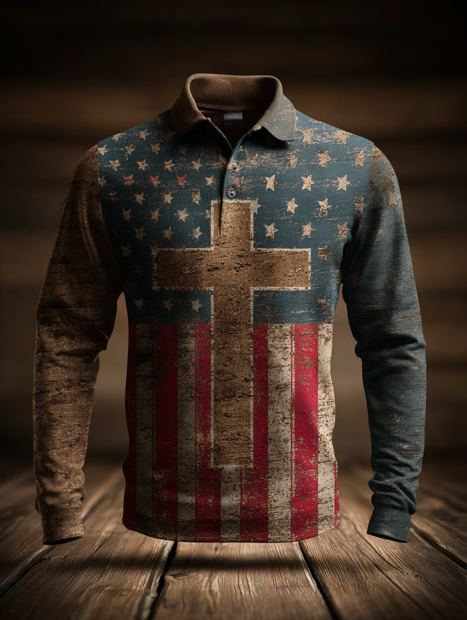 American Faith Retro American Flag Polo Shirts For Men, Patriotic Golf Shirts, Long Sleeve Polo Shirt