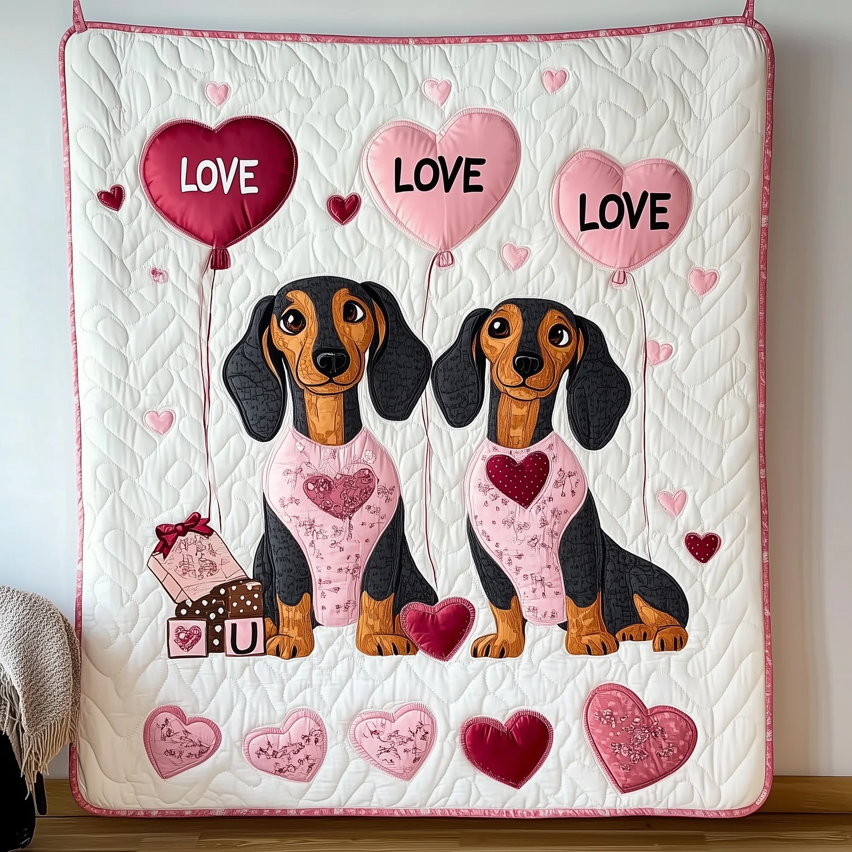 Dachshund Love Cute Pink Quilt Blanket, Valentines Couple Gift, Valentine Blanket, Valentine Gift Ideas For Her