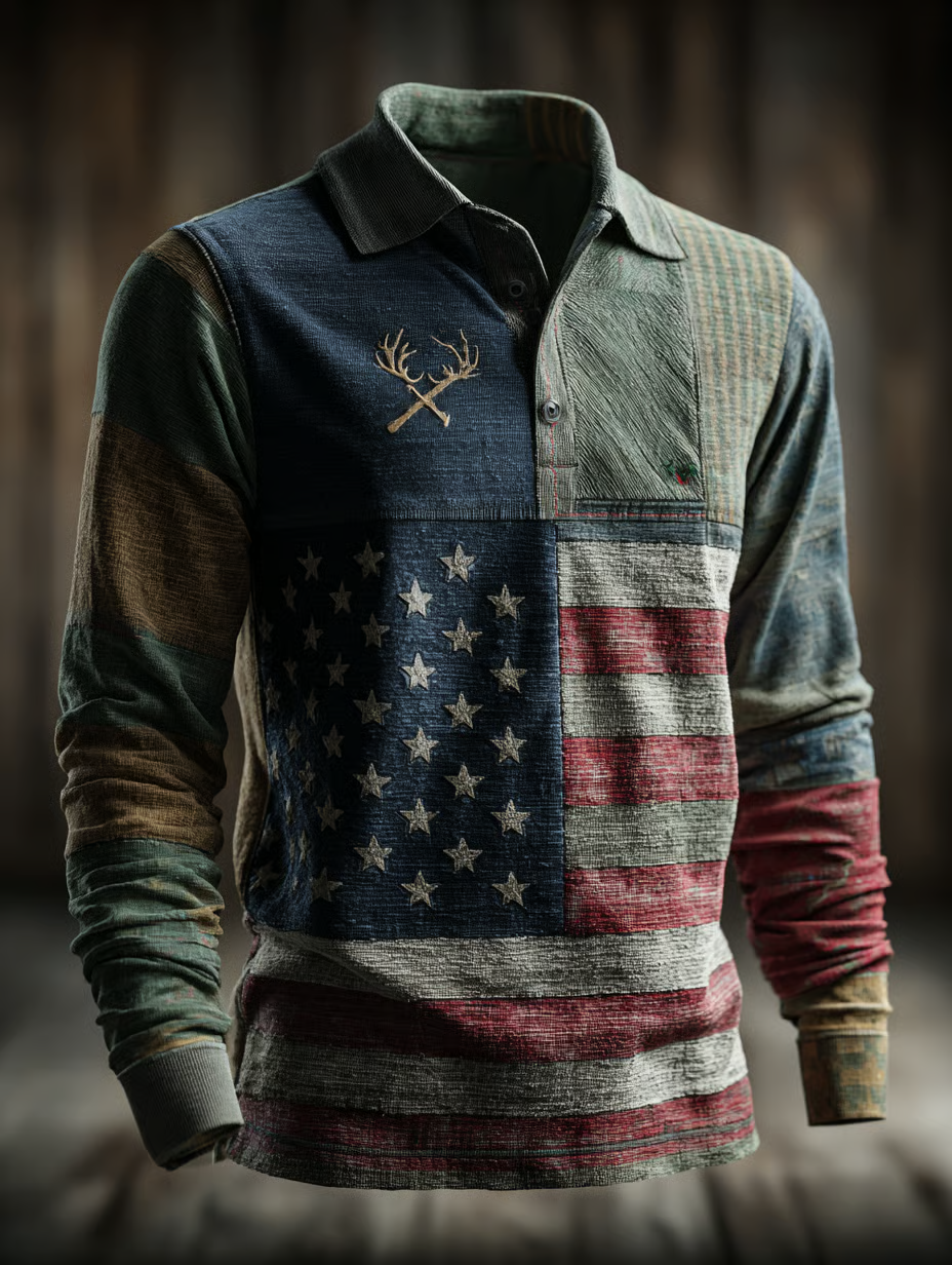 Retro American Flag Polo Shirts For Men, 250th Anniversary Patriotic Golf Shirts, Vintage Long Sleeve Shirt