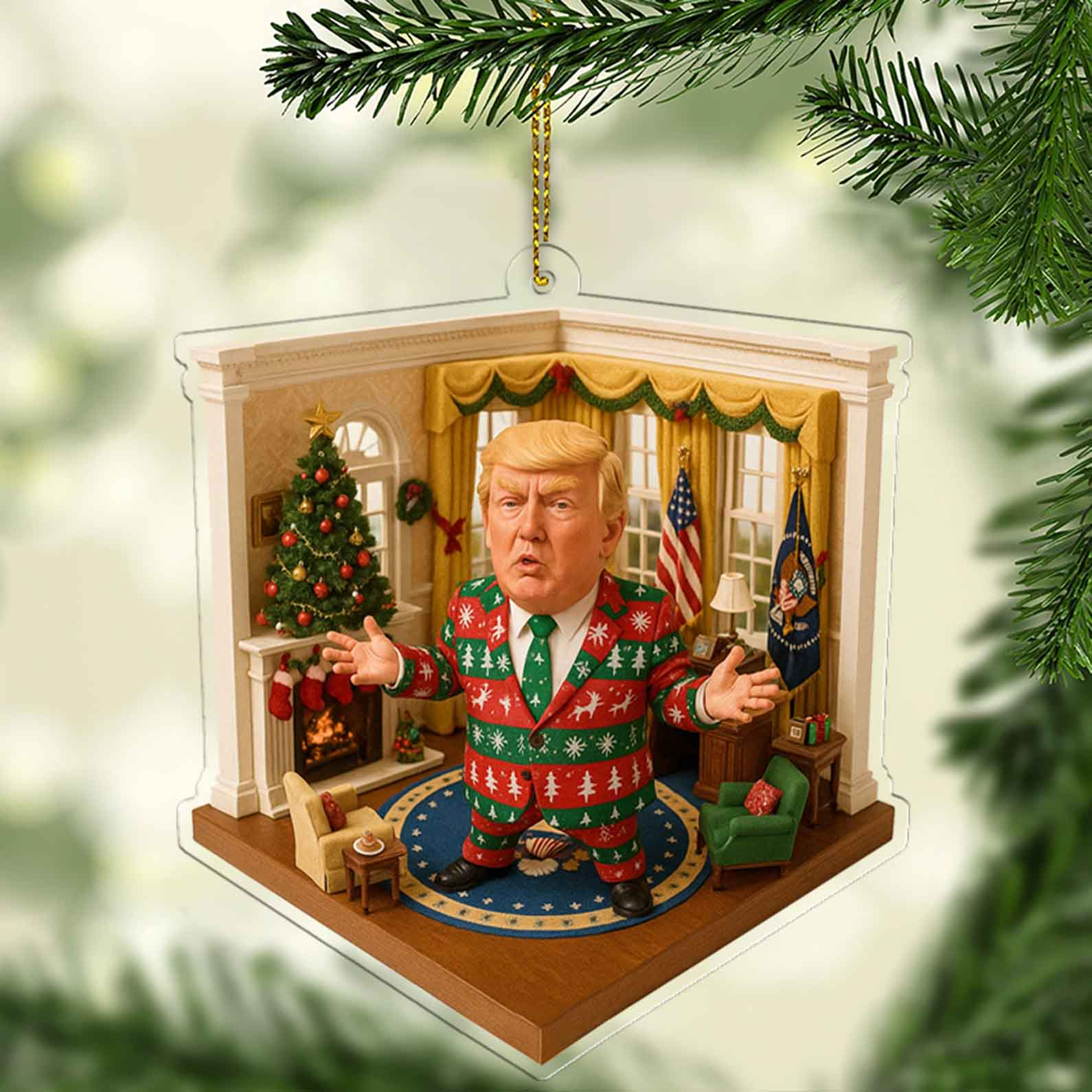 President Trump Funny Christmas Suit Acrylic Ornament, Acrylic Keychain, Funny Christmas Ornament