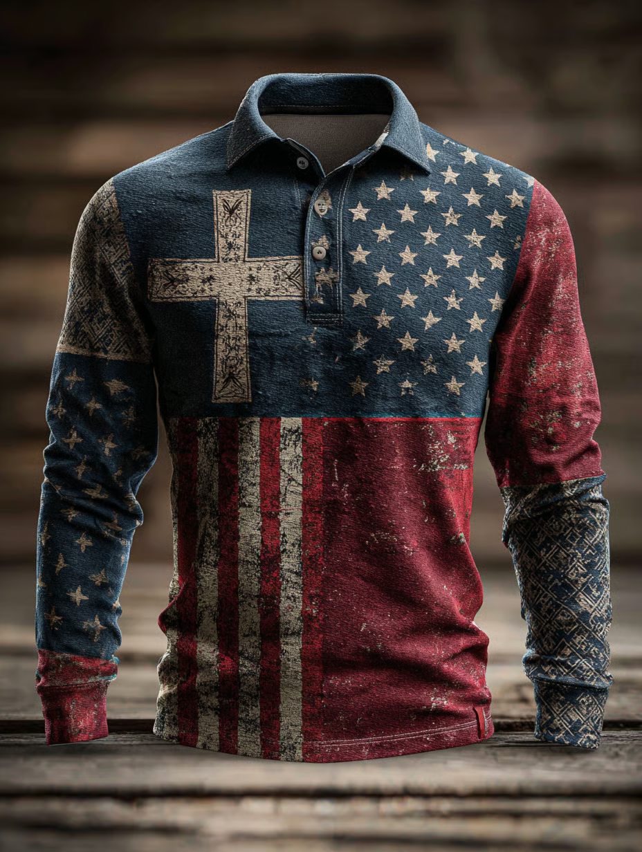 American Faith Vintage American Flag Polo Shirts For Men, Patriotic Golf Shirts, Long Sleeve Polo Shirt