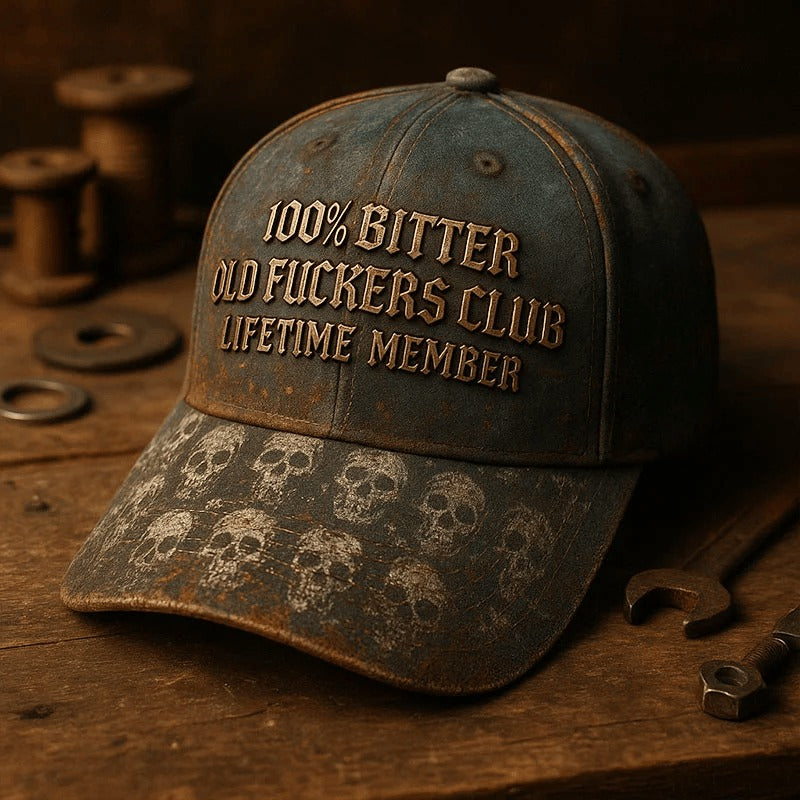 100% Bitter Old Fckers Club Vintage Cap, Skull Dad Hat, Printed Trucker Hat, Funny Gift for Dad, Grumpy Old Man Hat