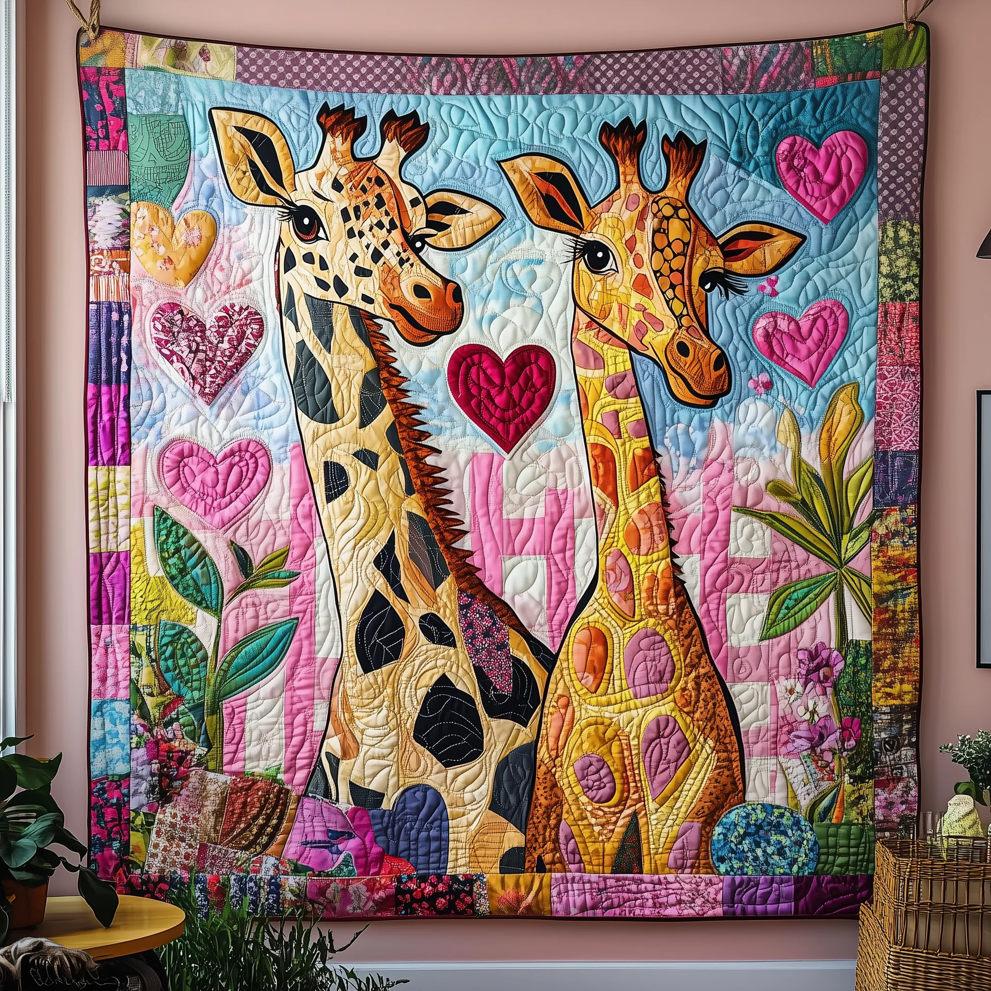 Whimsical Color Giraffe Love Quilt Blanket, Valentines Couple Gift, Valentine Gift Ideas For Her