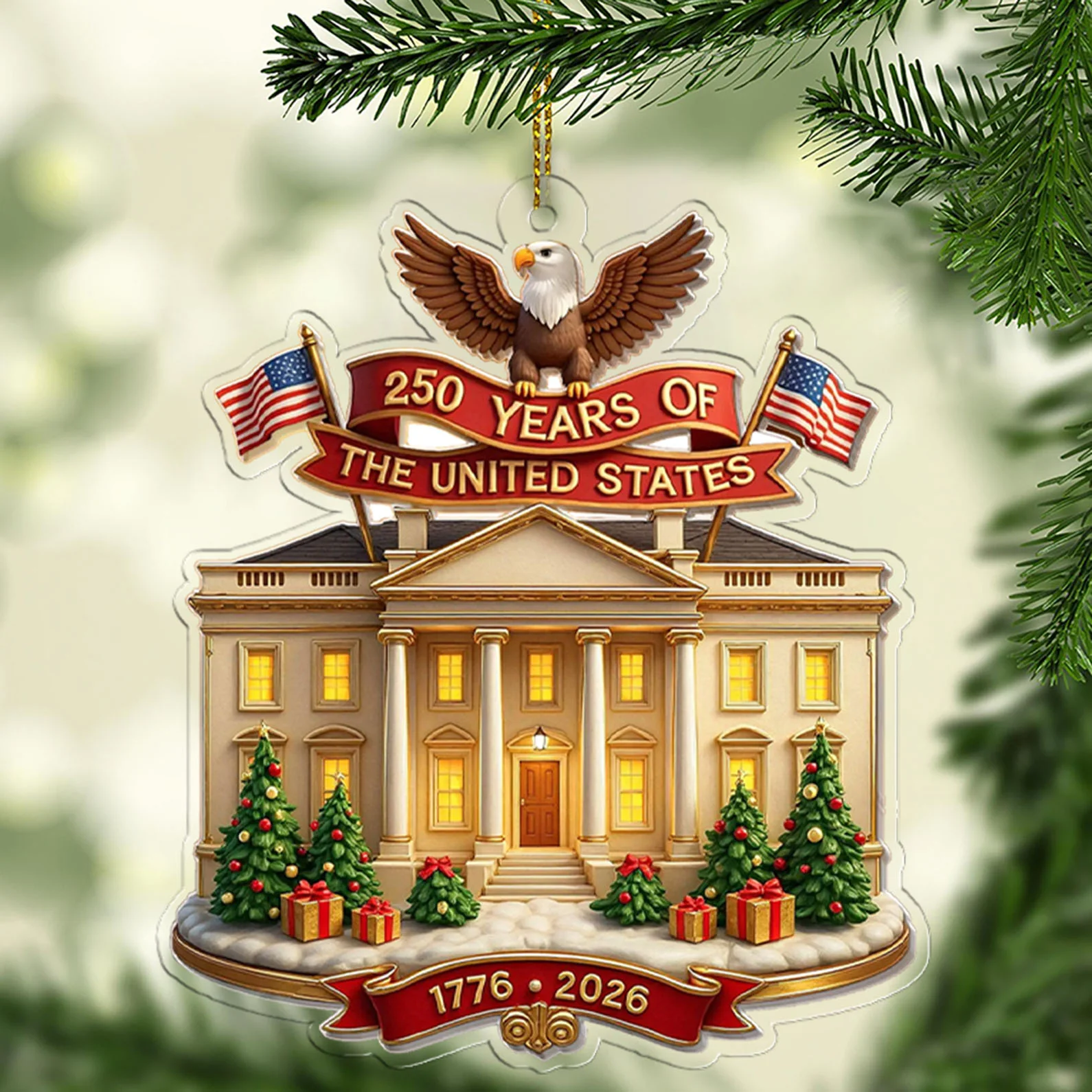 250 Years Little White House Acrylic Ornament, 250th Anniversary America Patriotic Christmas Home Decor
