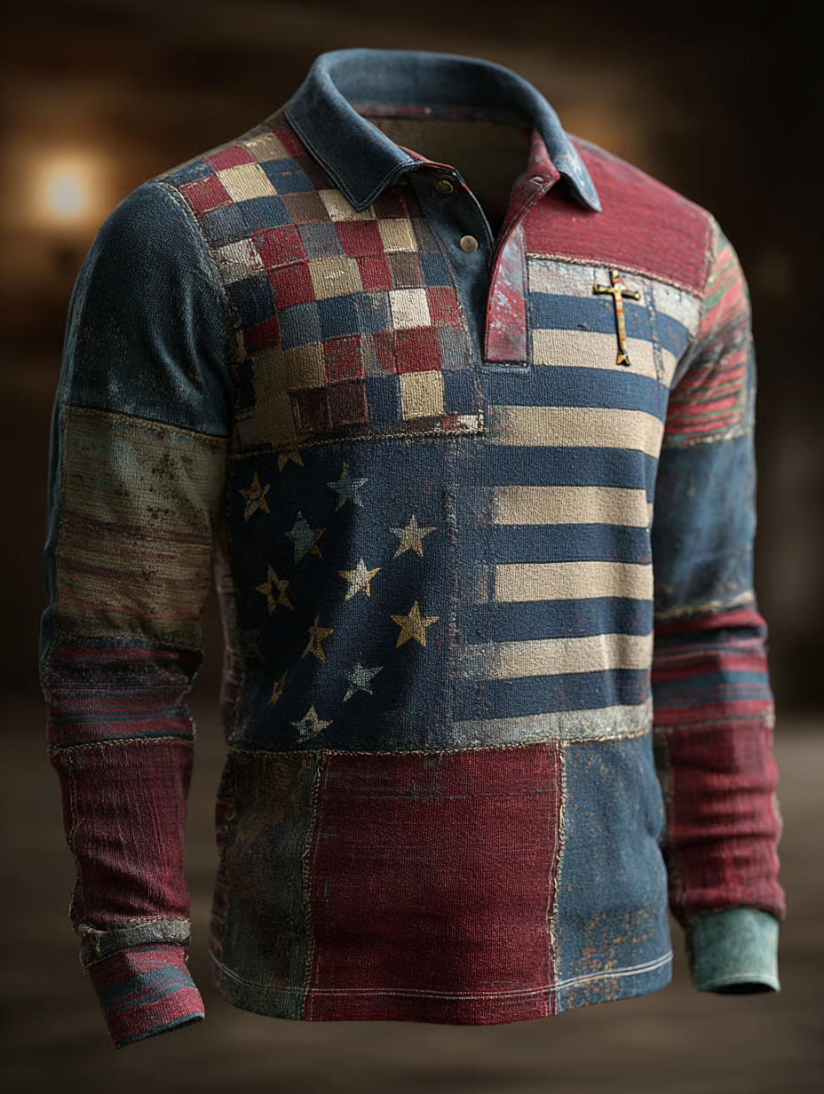 Vintage American Flag Polo Shirts For Men, 250th Anniversary Patriotic Golf Shirts, Long Sleeve Polo Shirt