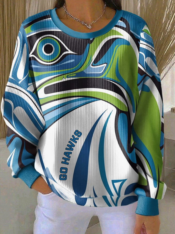 Go Hawks Green Blue White American Football Team Print T-Shirt, Gift Ideas For Football Fans