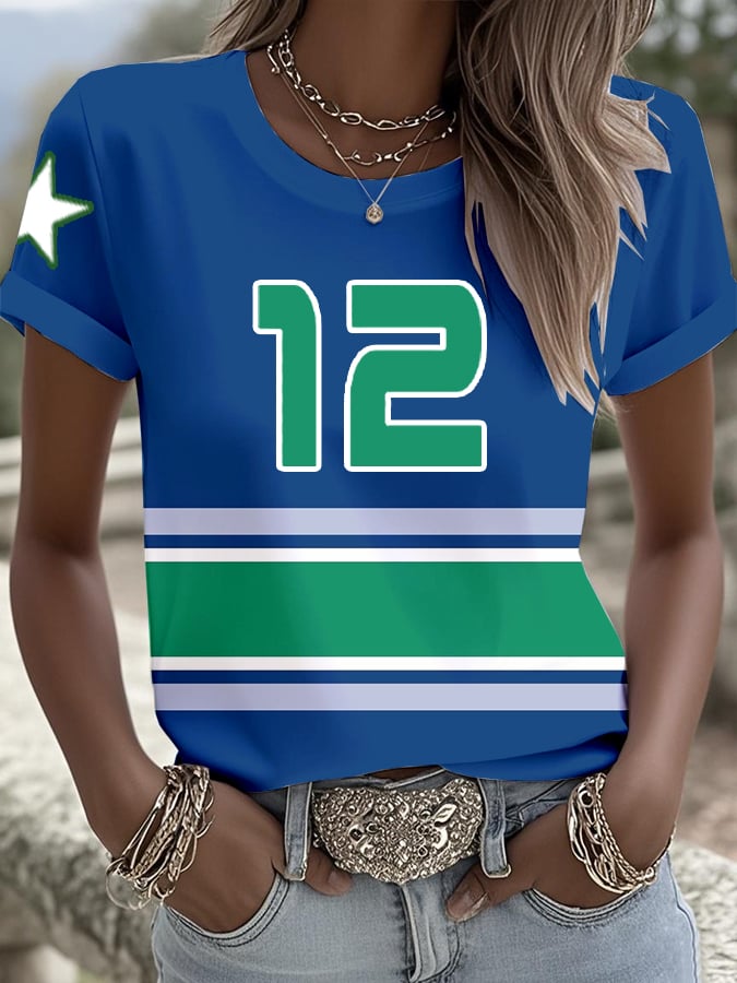 12 Green And Blue American Football Team Print T-Shirt, Gift Ideas For Football Fans