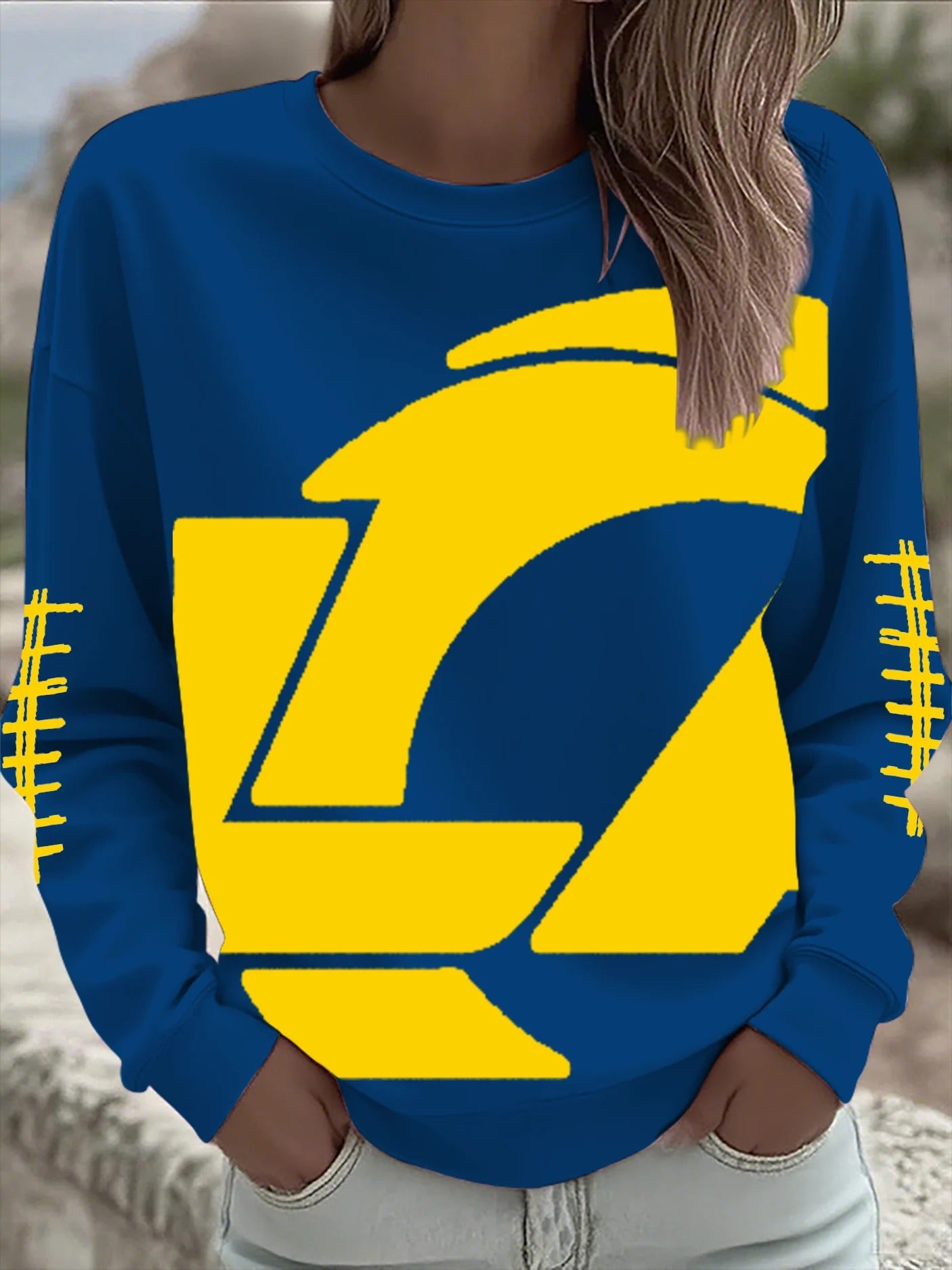 Royal Blue And Gold American Football Team Long Sleeve Football Shirt, Gift Ideas For Football Fans, Print T-Shirt