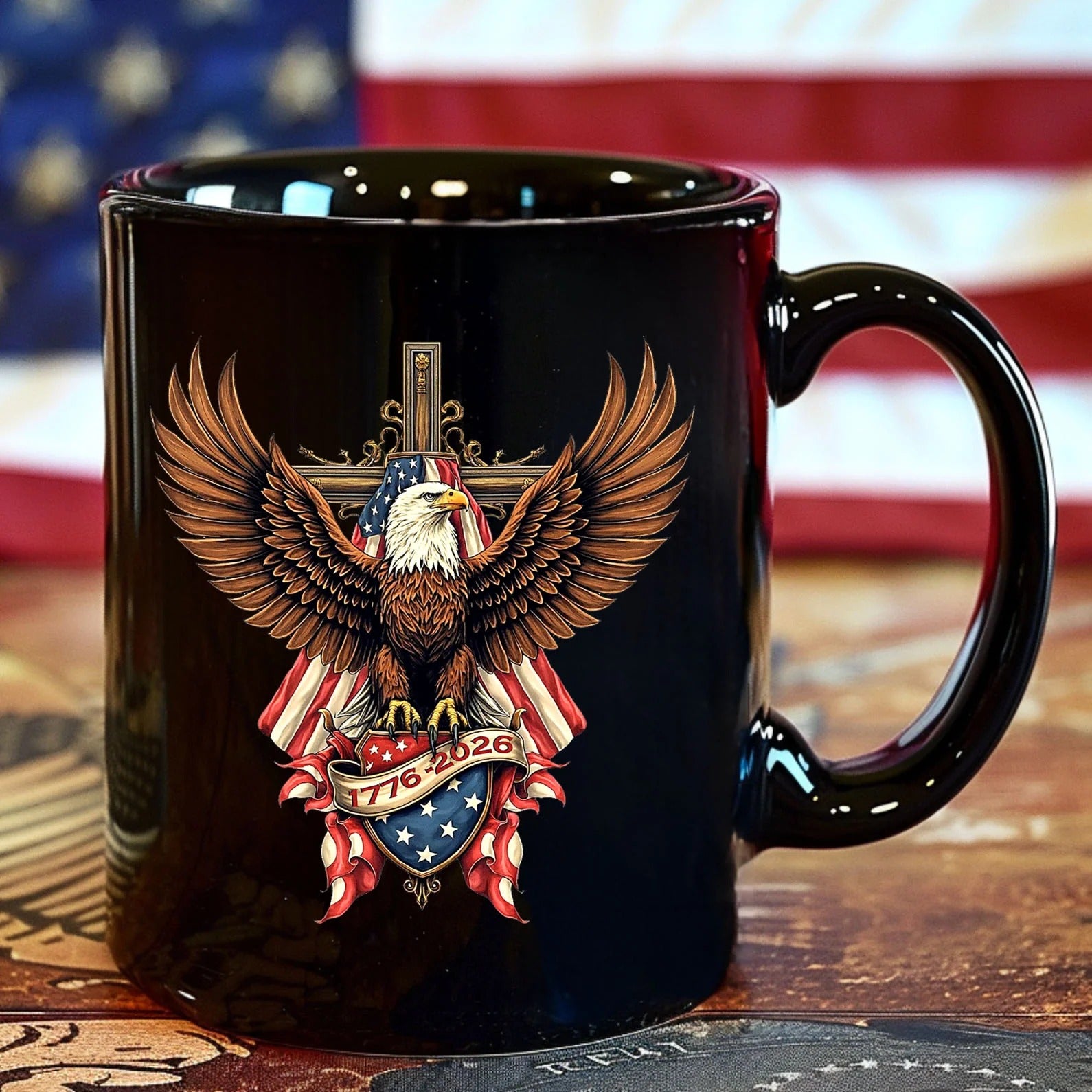 250 Years USA Anniversary Mug, Patriotic Eagle US Flag 1776–2026 Coffee Mug, 4th of July Black Mug