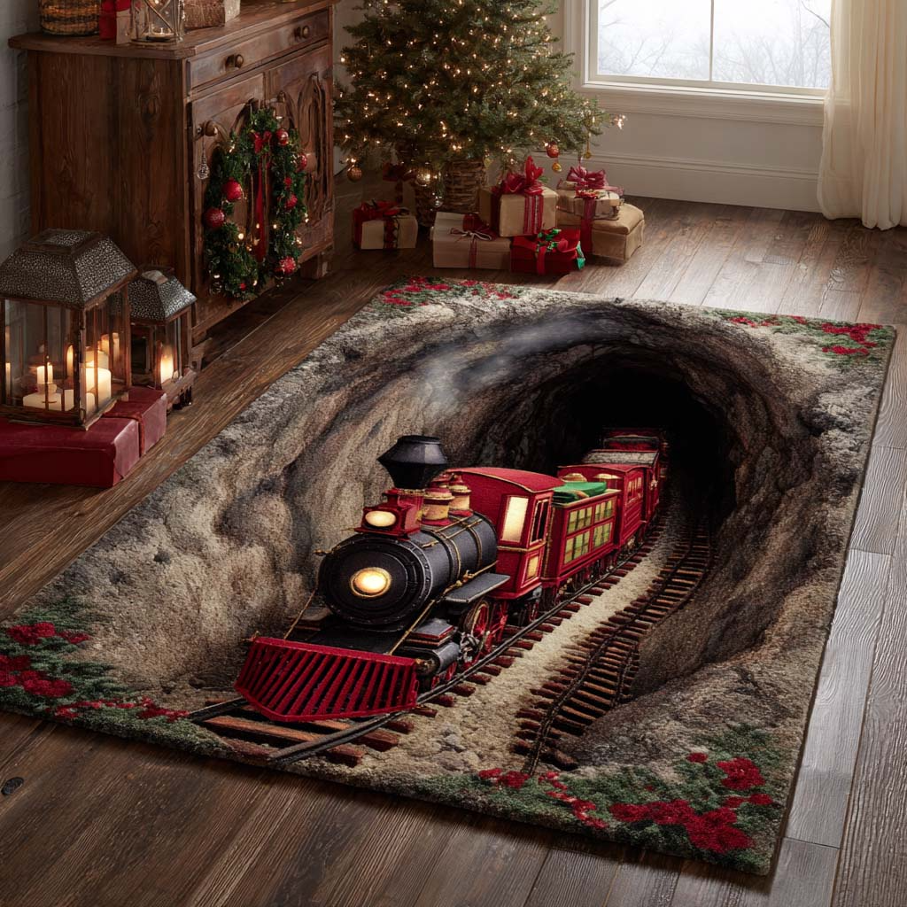 Holiday Train 3D Effect Area Rug, Cozy Room Decor, Rugs For Living Room, Christmas Home Decor