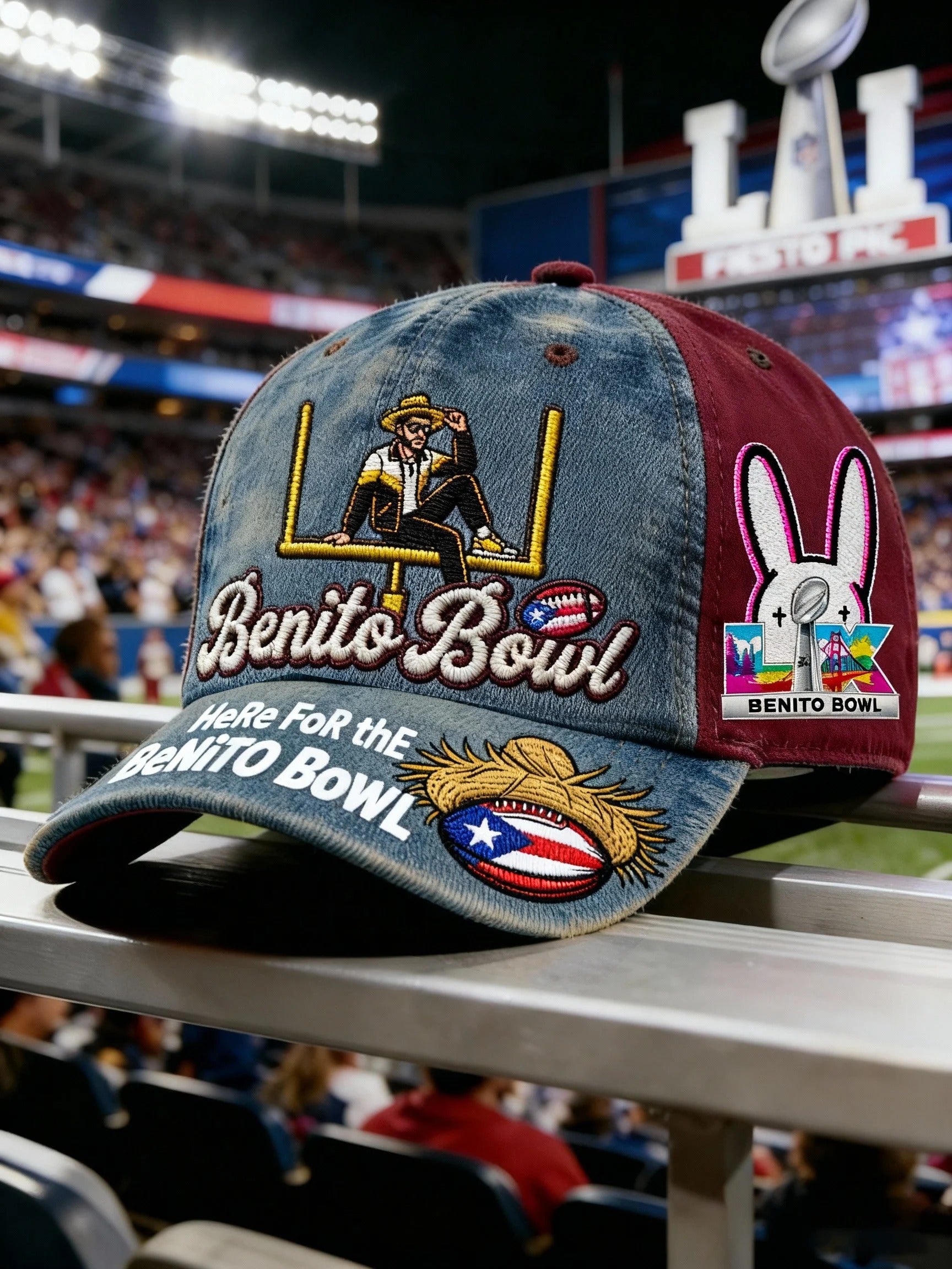 Here For The Benito Bowl Half Time Show Printed Cap, Bad Bunny Game Day Puerto Rico Print Mens Dad Cap