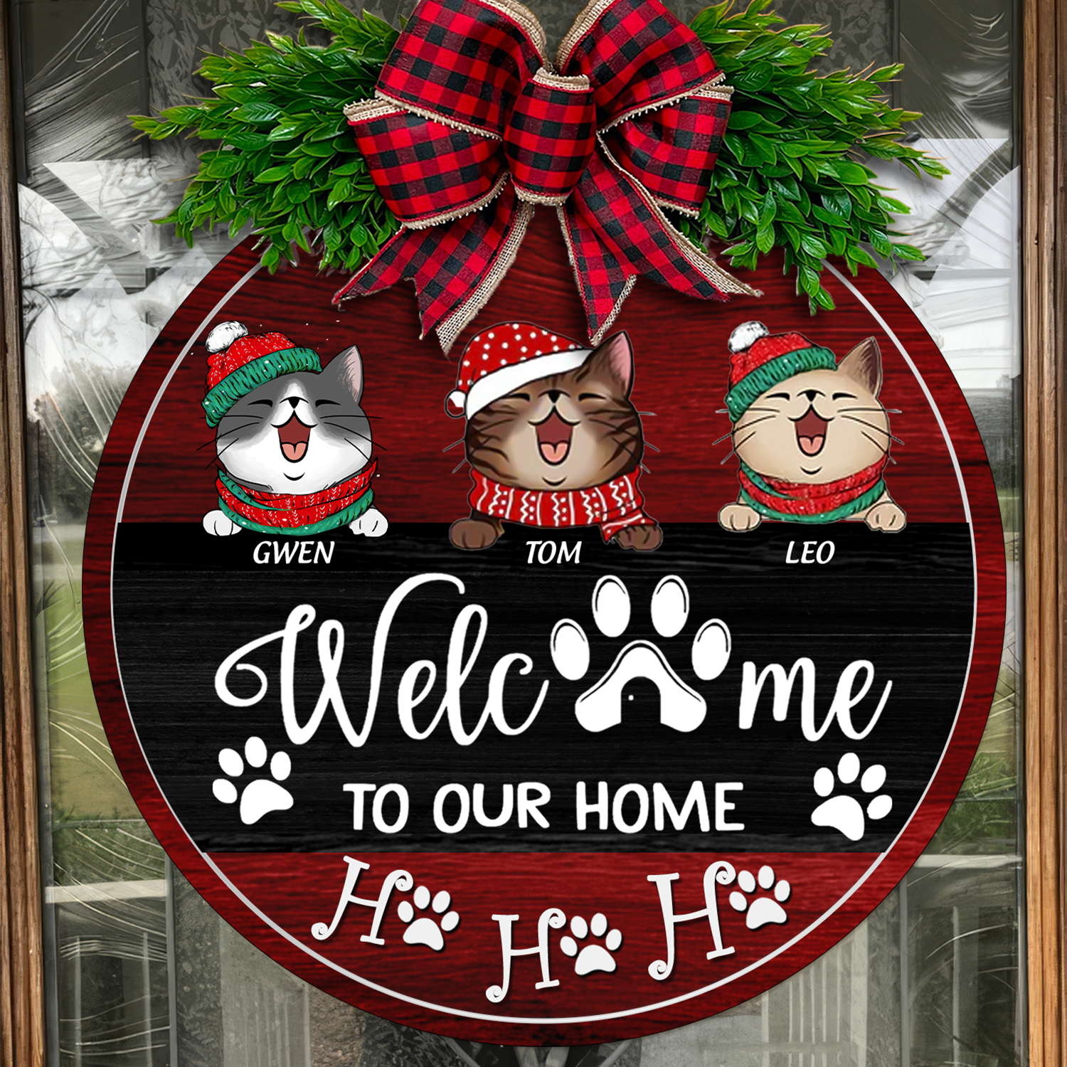 Welcome To Our Home Personalized Christmas Wood Sign, Gifts For Cat Lovers