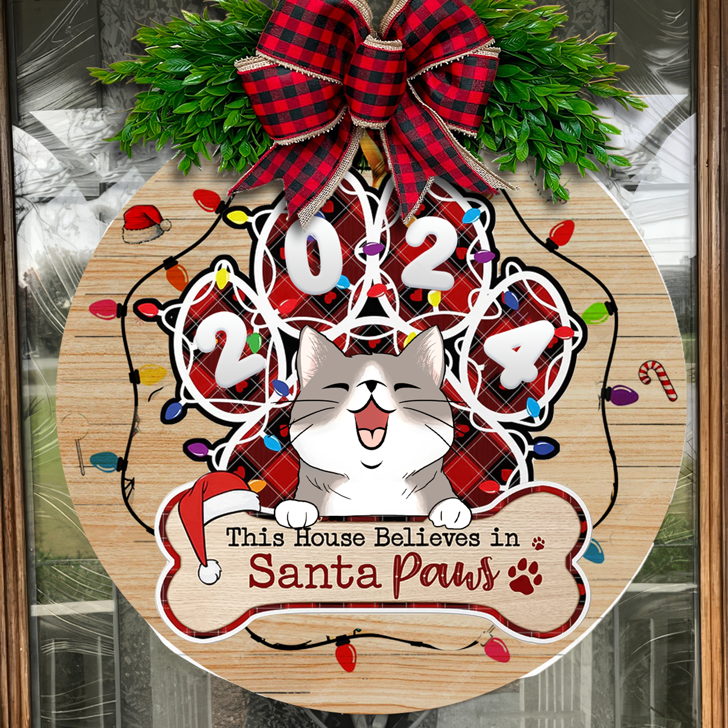 This House Believes In Santa Paws Personalized Christmas Wood Sign, Gifts For Cat Lovers