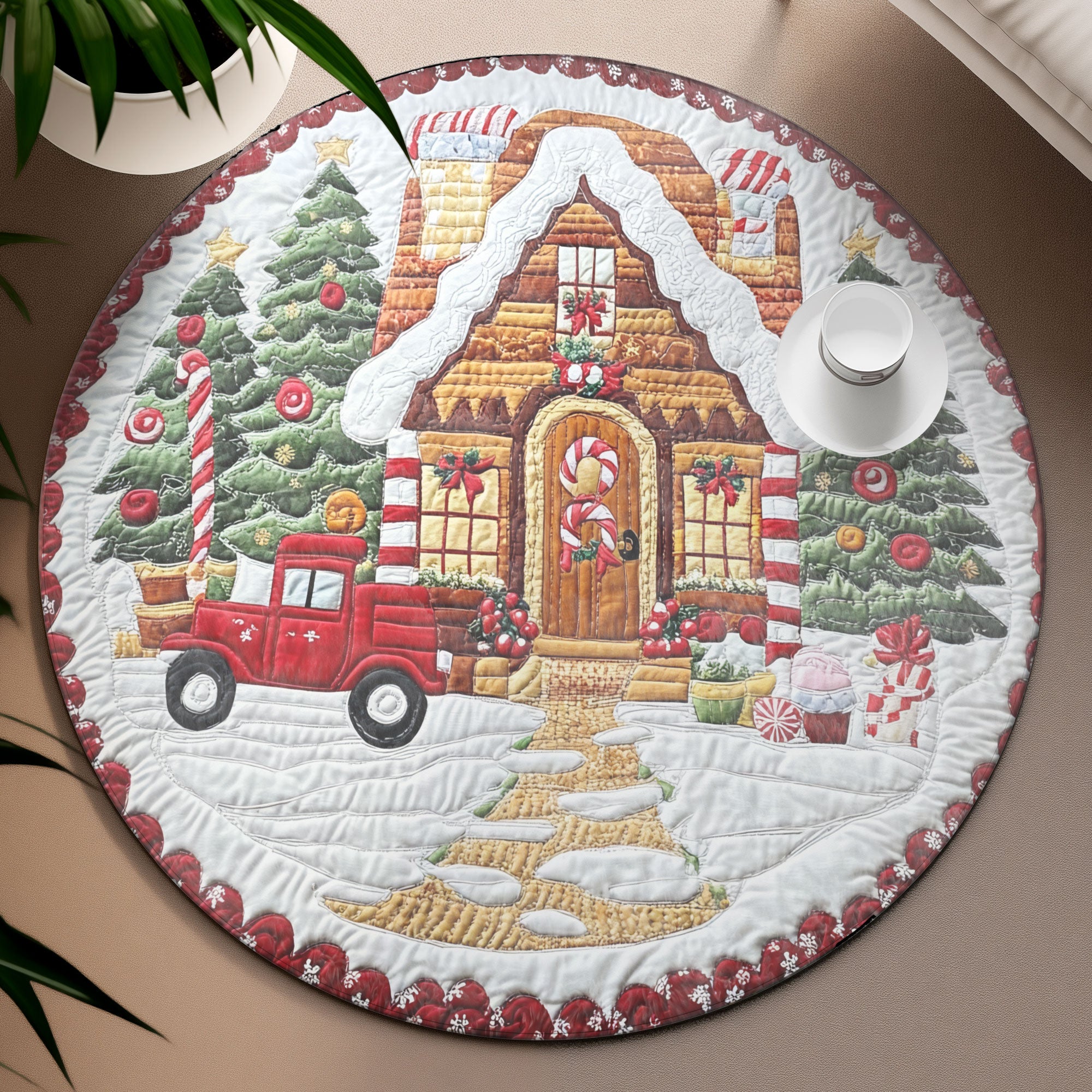 Holiday Hearth Quilted Round Mat, Living Room Decor, Christmas Rug