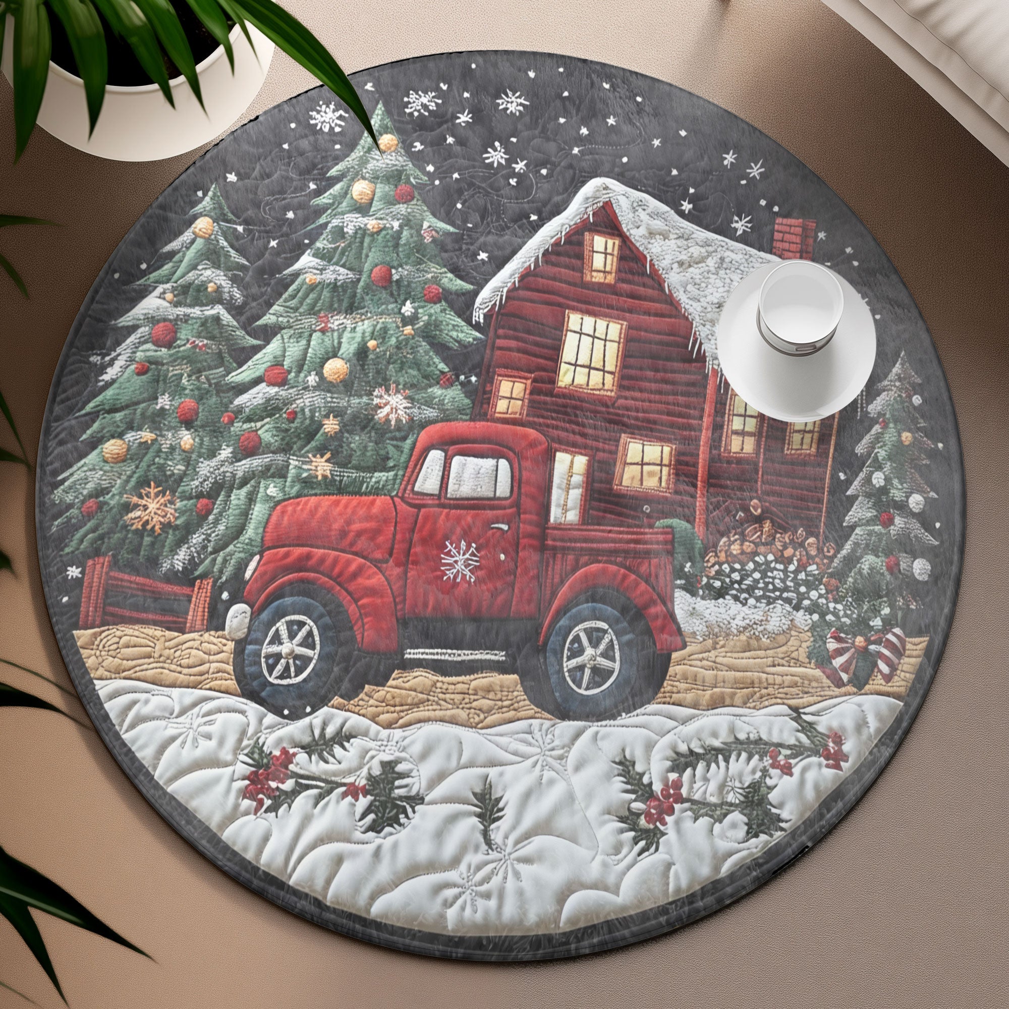 Red Truck Yuletide Round Mat, Living Room Decor, Christmas Rug