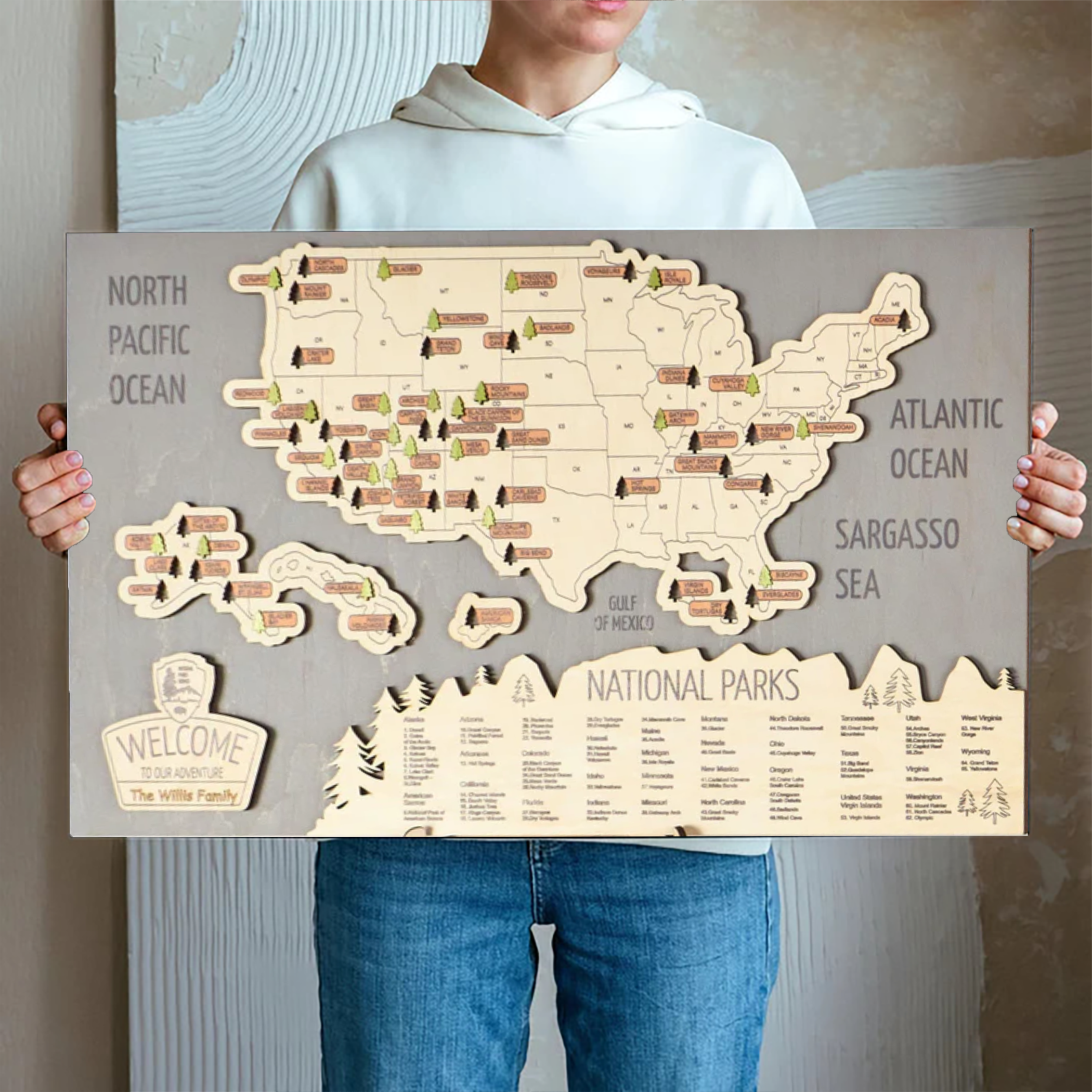 Custom 3D National Park Map In Usa, Wooden Travel Map, National Park Tracker