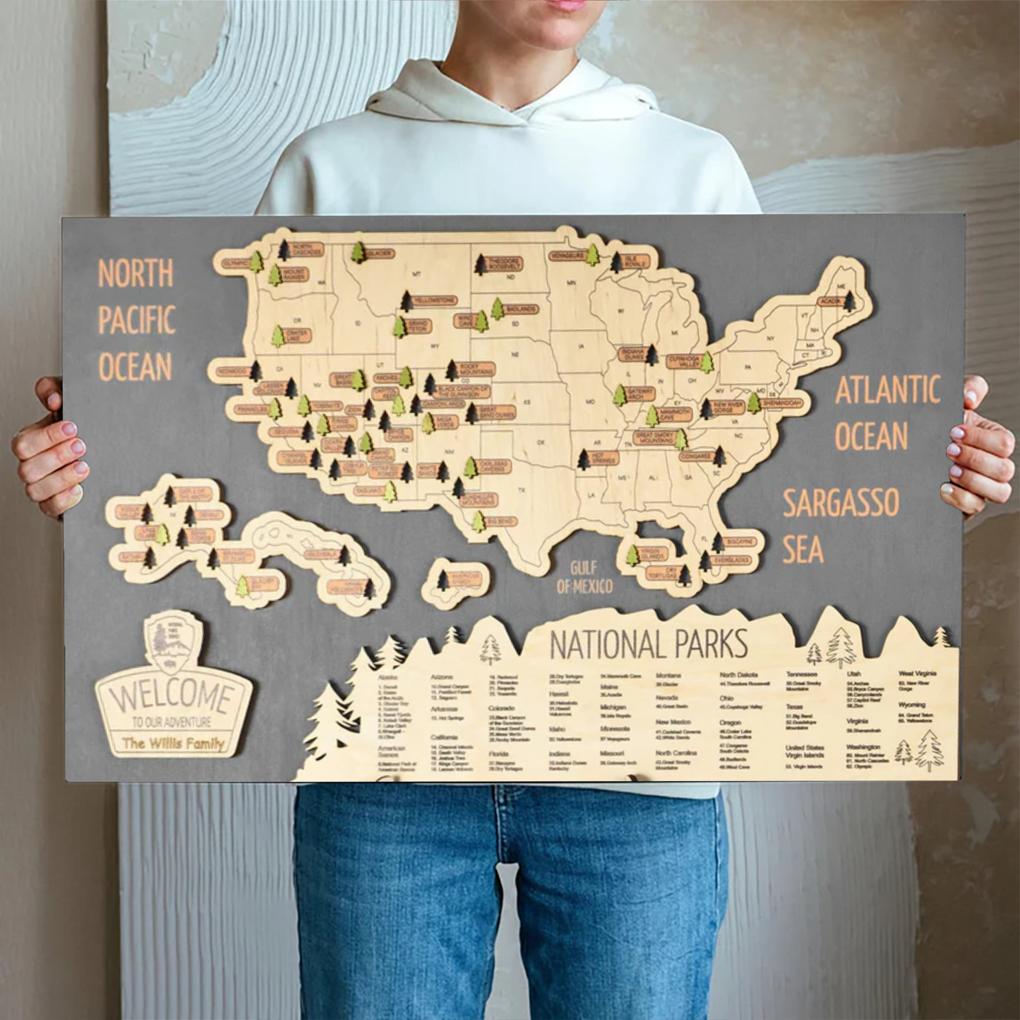 National Park Map In Usa, Custom Grey Wooden Travel Map, National Park Tracker