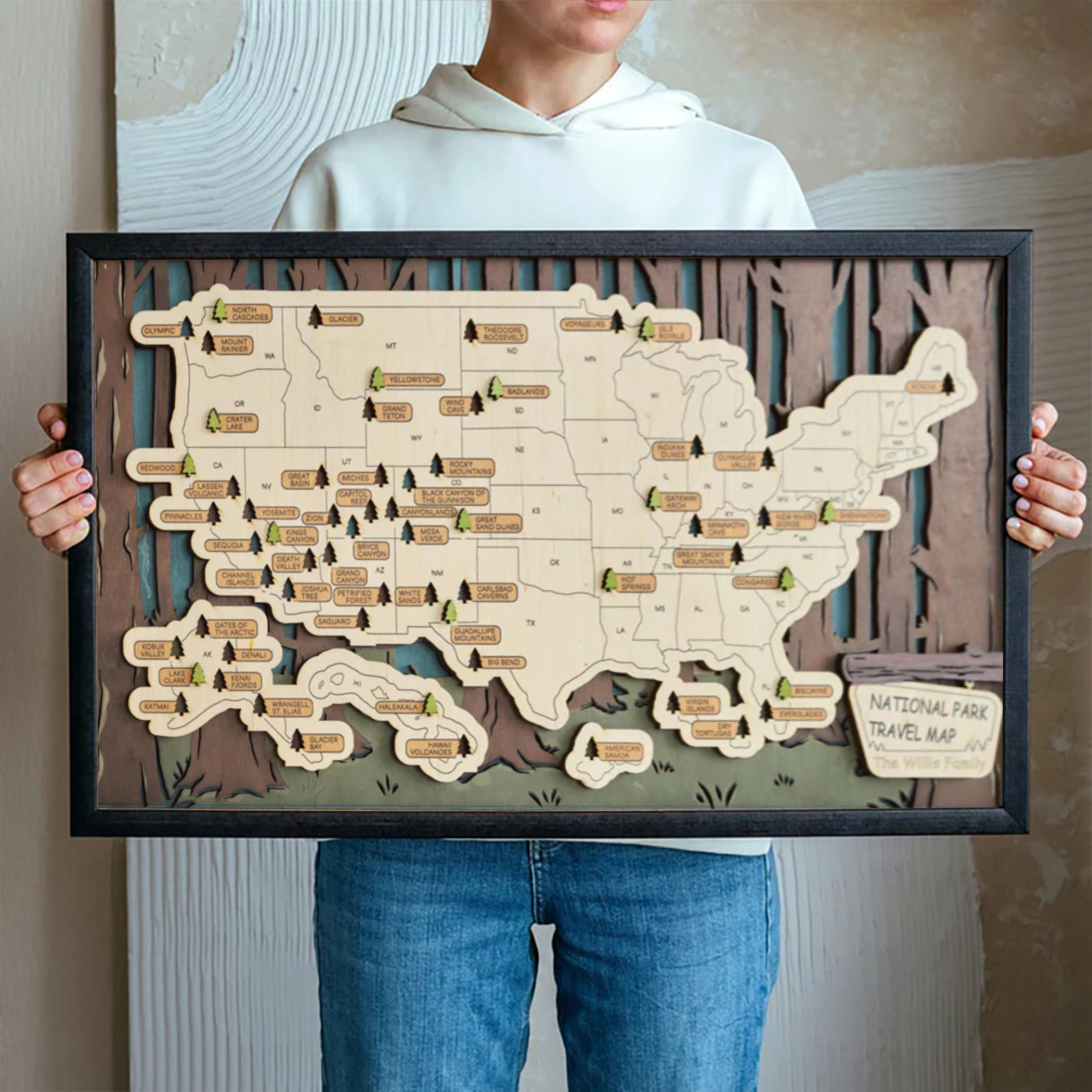 Personalized US 3D Wooden National Parks Travel Map With Trees To Record, Wooden Travel Map, National Park Tracker